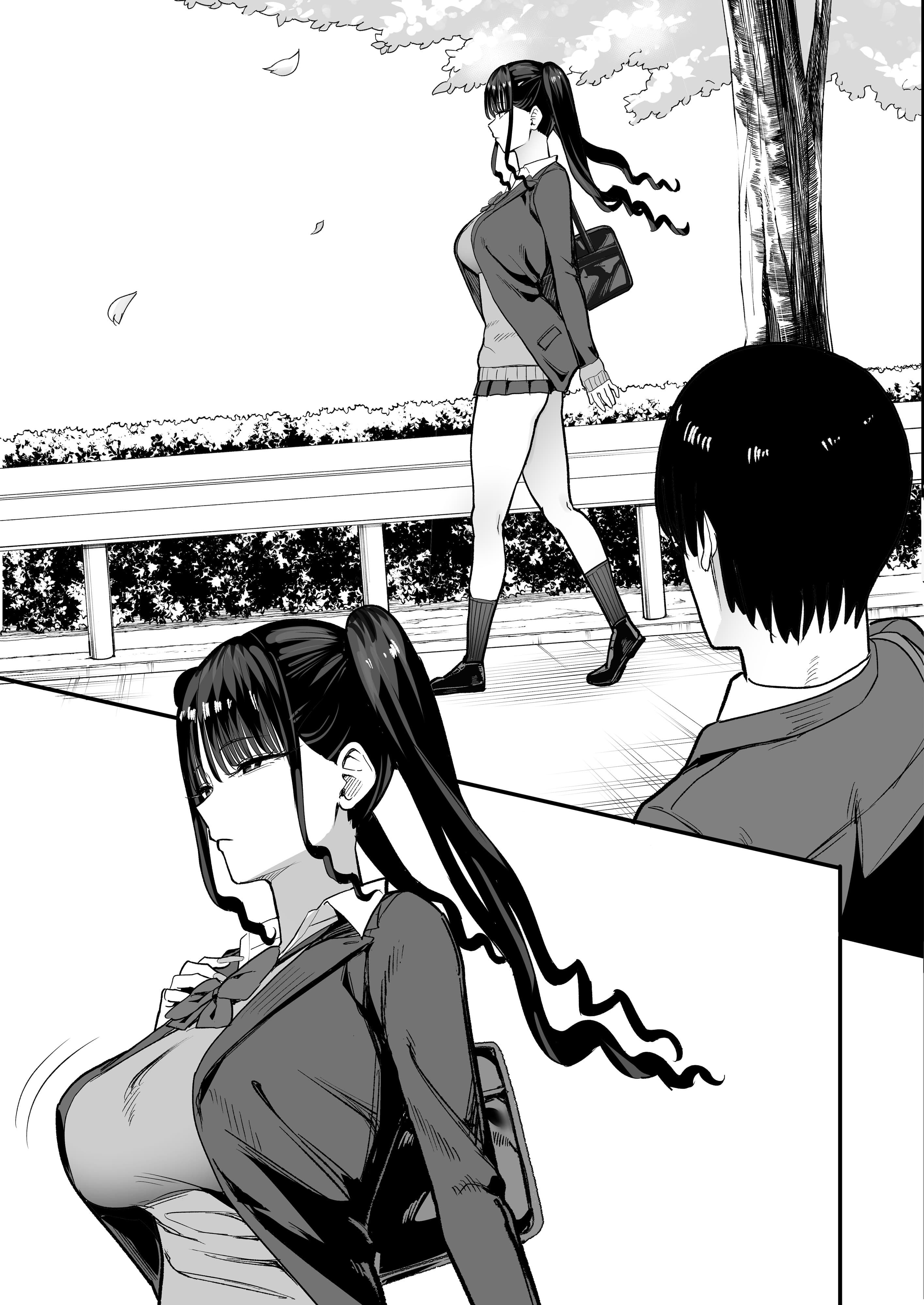Description:
A black and white manga illustration shows a girl with long dark hair in a ponytail. In the top panel, she walks away from a boy who is watching her from the foreground. The bottom panel features a close-up of the same girl looking back over her shoulder, her school uniform jacket straining against her large, prominent bust.
Text from image: