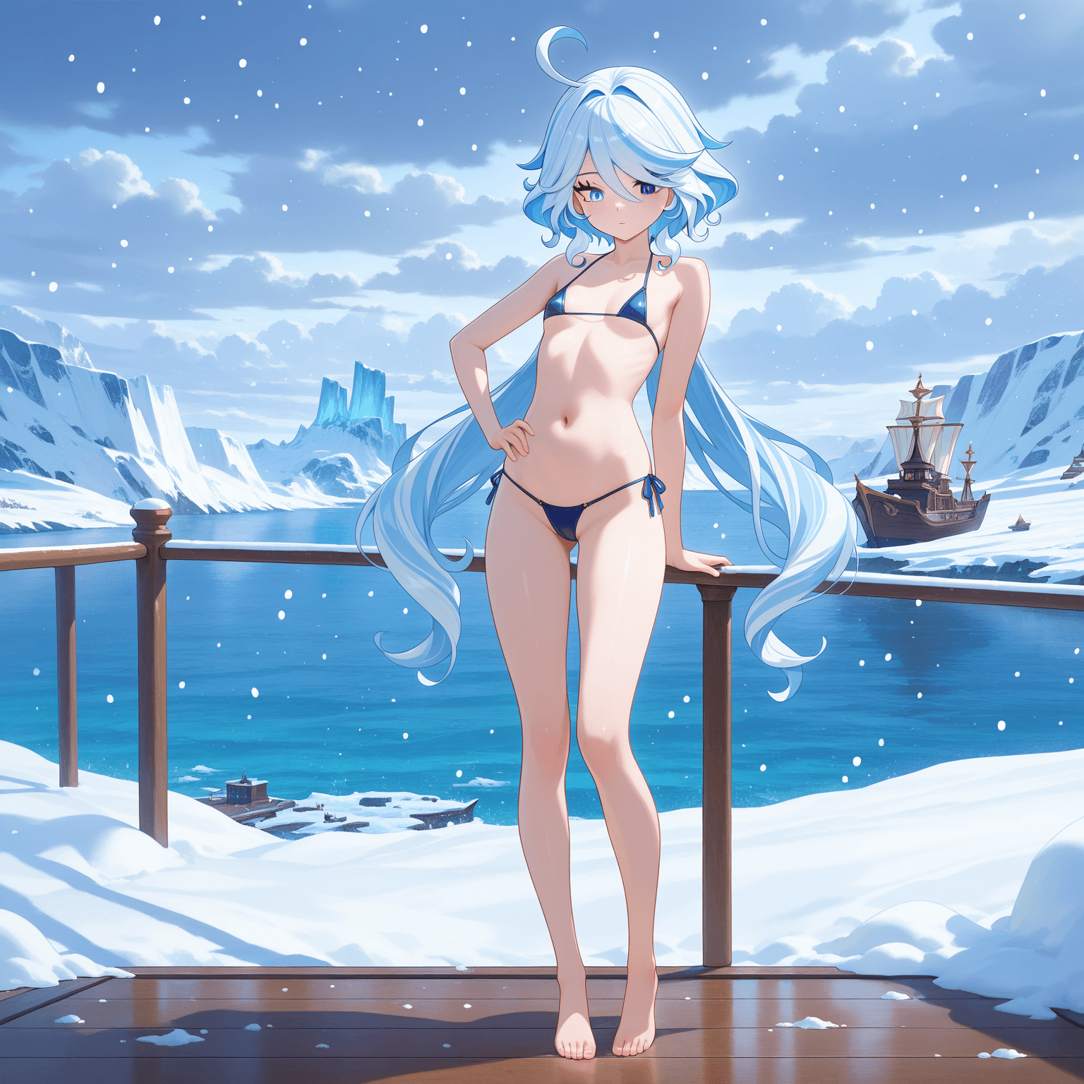 1girl, furina (genshin impact), genshin impact, white hair, very long hair, blue eyes, micro bikini, bikini, bare shoulders, bare arms, bare legs, barefoot, midriff, navel, standing, standing on ship, posing, prow, deck, ferry, ship, sea, iceberg, ice, snow, snowing, snowscape, winter, cloudy sky, outdoors, background characters
