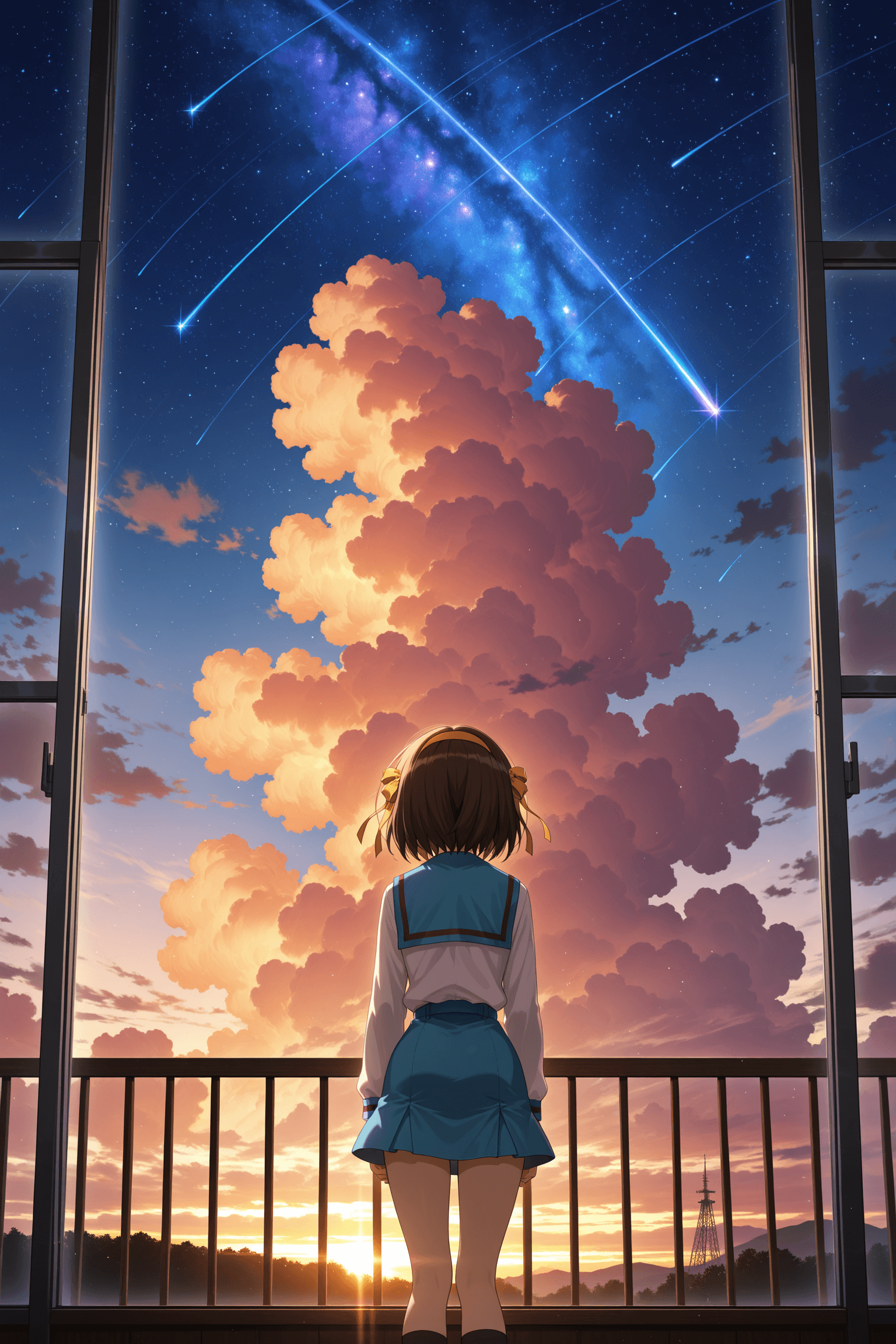 1girl, solo, short hair, skirt, brown hair, shirt, long sleeves, ribbon, school uniform, standing, hair ribbon, white shirt, hairband, sky, serafuku, cloud, sailor collar, from behind, red ribbon, blue skirt, window, blue sailor collar, star \(sky\), scenery, starry sky, sunset, yellow ribbon, winter uniform, facing away, kita high school uniform, yellow hairband, shooting star, suzumiya haruhi