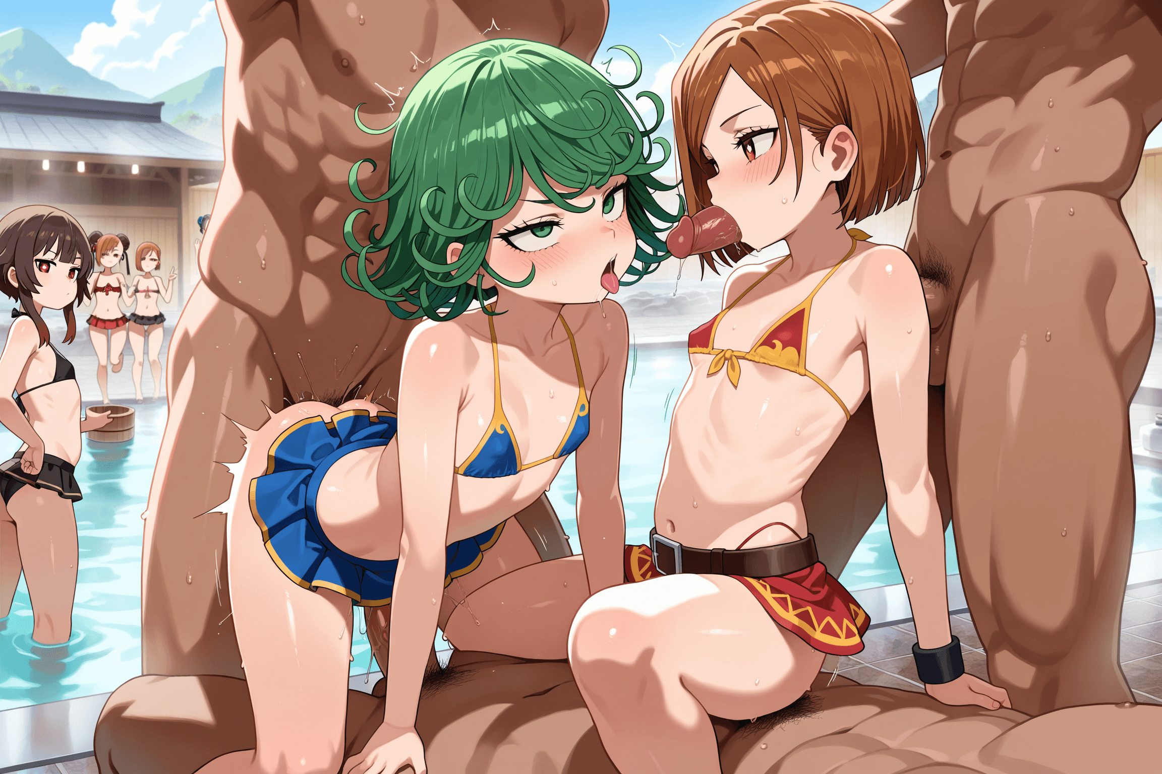 loli, orgy, at_the_hot_springs, bathhouse, group_sex, gangbang, double_penetration, bikini mini_skirts, tatsumaki, megumin, kugisaki_nobara, hu_tao, chun_li, only_loli