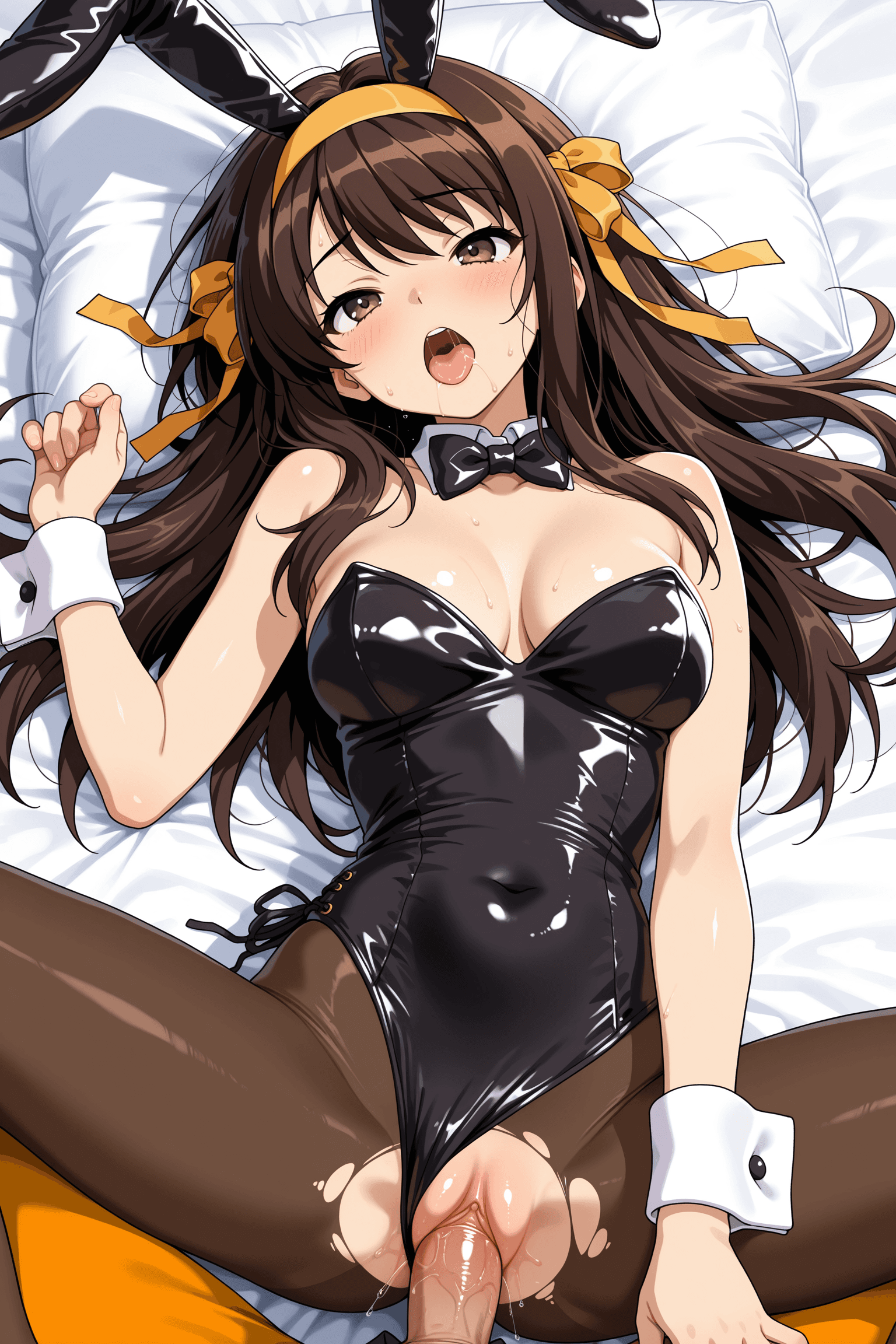 1girl, solo, suzumiya haruhi, suzumiya haruhi no yuutsu, brown hair, long hair, bangs, brown eyes, medium breasts, looking at viewer, ahegao, open mouth, playboy bunny, rabbit ears, leotard, black leotard, strapless leotard, brown pantyhose, torn pantyhose, pantyhose, bowtie, black bowtie, ribbon, yellow ribbon, black bow, hairband, yellow hairband, hair ribbon, wrist cuffs, detached collar, bare shoulders, covered navel, lying, on back, on bed, spread legs, sex, vaginal, penis, pussy, simple background, white background, indoors, bed, shiny, official alternate costume, official alternate hairstyle, official alternate hair length