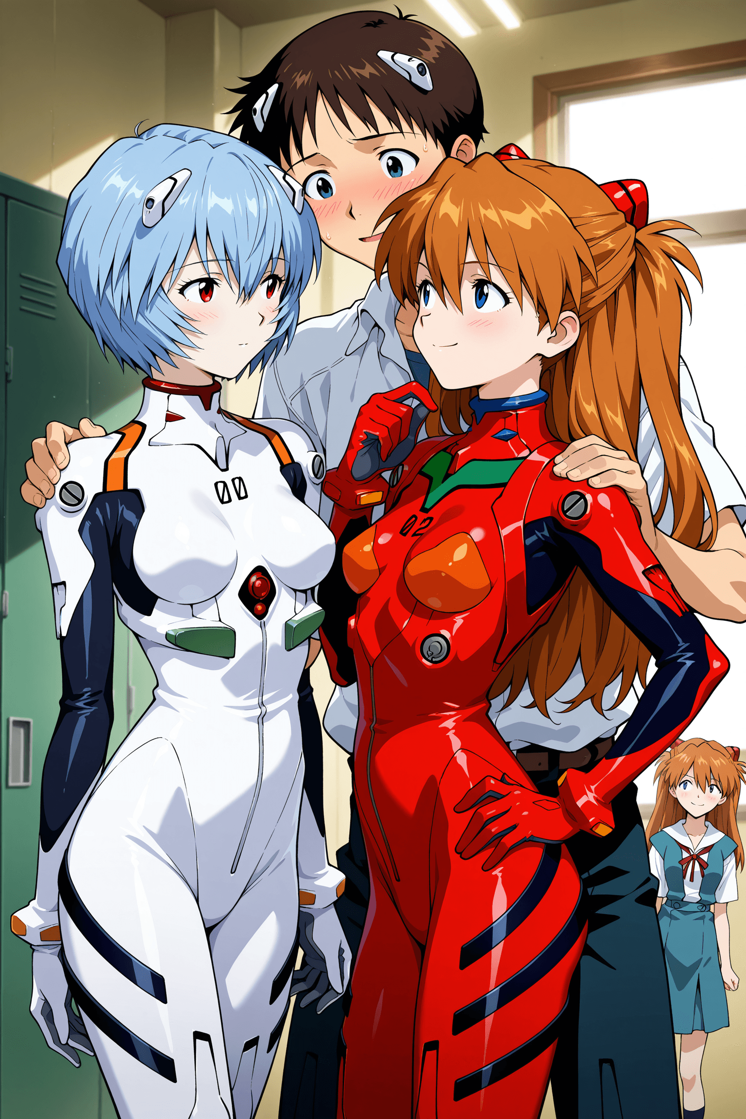 long hair, breasts, blush, smile, short hair, blue eyes, multiple girls, brown hair, shirt, hair ornament, red eyes, 1boy, 2girls, school uniform, blue hair, hetero, small breasts, orange hair, looking at another, hand on hip, bodysuit, hand on another's shoulder, plugsuit, white bodysuit, red bodysuit, interface headset, souryuu asuka langley, ayanami rei, ikari shinji