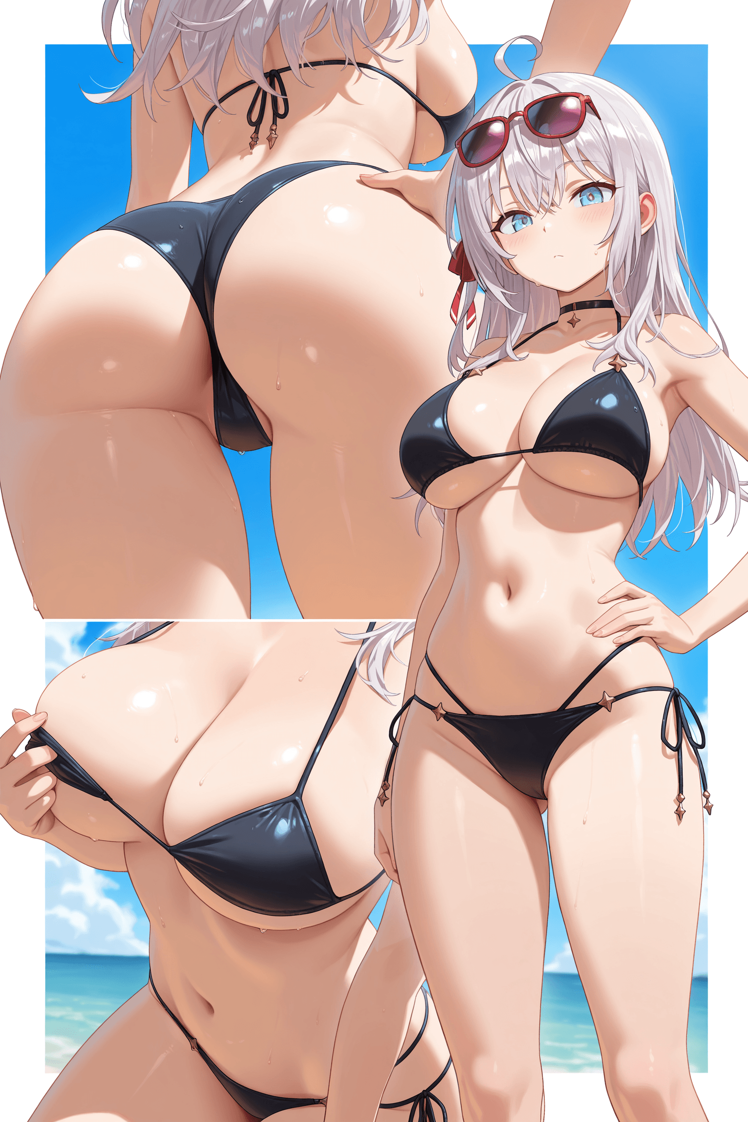 1girl, solo, alisa mikhailovna kujou, roshidere, silver hair, long hair, blue eyes, large breasts, breasts, looking at viewer, swimsuit, bikini, black bikini, underboob, navel, ass, choker, sunglasses, eyewear on head, hand on hip, multiple views