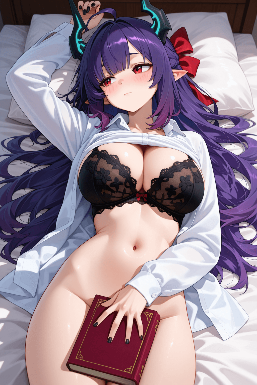 1girl, solo, long hair, breasts, looking at viewer, blush, bangs, large breasts, shirt, red eyes, long sleeves, ribbon, navel, holding, cleavage, closed mouth, underwear, white shirt, purple hair, ahoge, lying, open clothes, horns, pointy ears, indoors, on back, stomach, clothes lift, nail polish, bra, arm up, groin, book, open shirt, dress shirt, bottomless, bed sheet, on bed, looking away, shirt lift, black bra, covering, black nails, lace trim, lace, holding book, covering crotch, lace-trimmed bra, Вивиен из Zenless zone zero 
Продли изображение чтобы было видно ноги и сними лифчик, Голая грудь и уменьши книгу, Вивиен сделай так чтобы бвло полностью видно ноги, Покажи ноги полностью чтобы было видно стопы