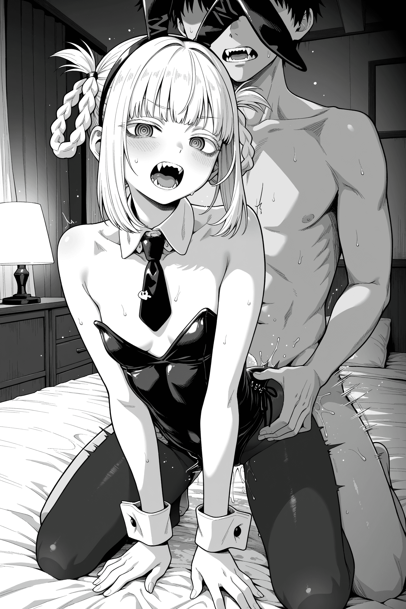 1girl, 1boy, nazuna nanakusa, yamori ko, yofukashi no uta, sex, revealing clothes, looking at viewer, short hair, braid, open mouth, ringed eyes, fangs, sharp teeth, teeth, rabbit ears, fake animal ears, animal ears, hair rings, playboy bunny, leotard, pantyhose, necktie, detached collar, wrist cuffs, bare shoulders, full body, bedroom, indoors, monochrome, greyscale, hatching (texture)