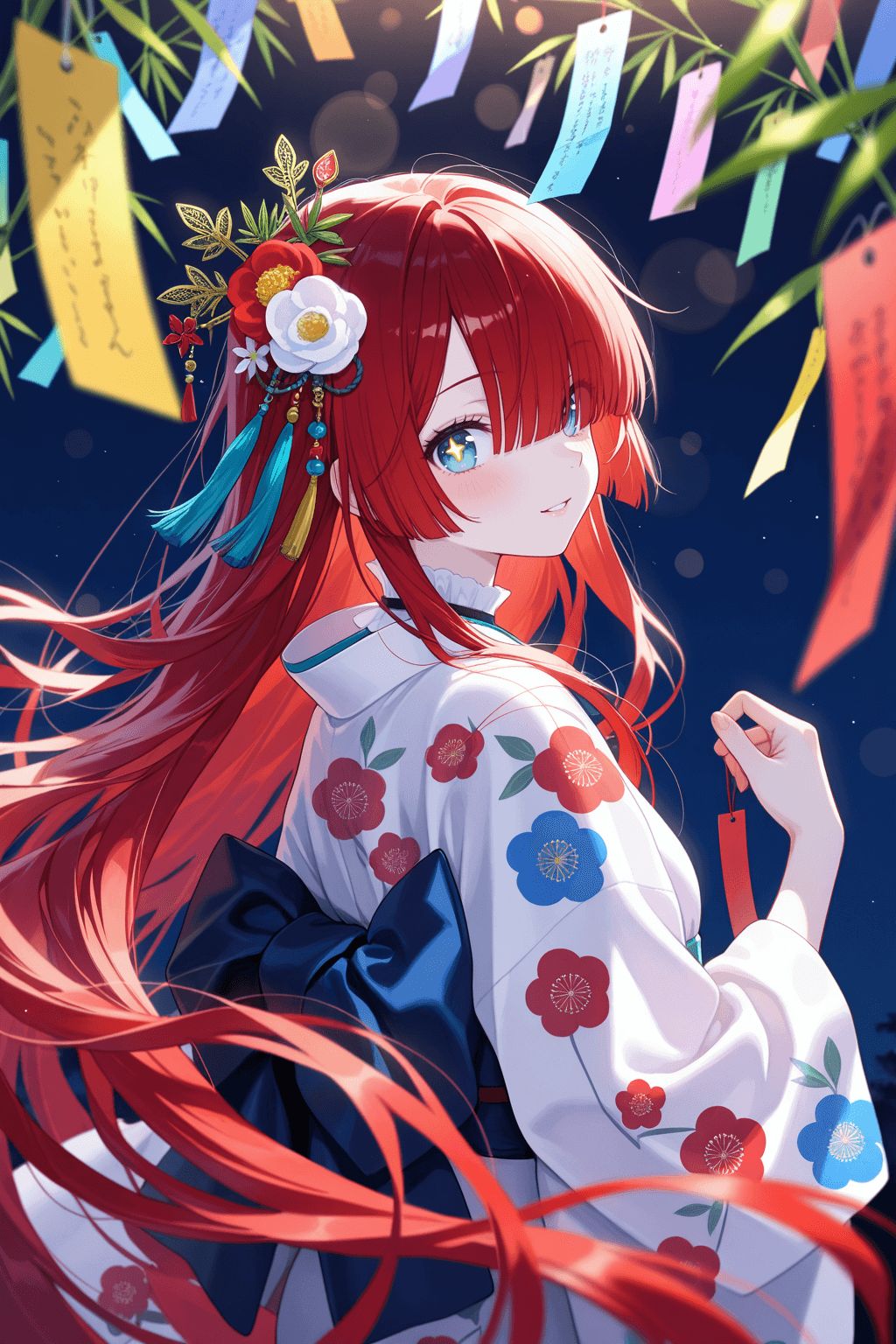 score_9, score_8_up, score_7_up, very aesthetic, masterpiece, best quality, absurdres, highres, extremely detailed, intricate details, 1girl, solo, @sw33t, upper body, from side, three-quarter view, looking back, looking at viewer, sideways glance, hair over one eye, blush, light smile, parted lips, red hair, very long hair, blunt bangs, messy hair, floating hair strands, hair between eyes, blue eyes, sparkling eyes, long eyelashes, pale skin, ornate hair ornament, flower hairpin, red and white flowers, hanging beads, turquoise tassel, red tassel, dangling ornament, ribbon in hair, black ribbon, white kimono, floral print, feather pattern sleeve, delicate pattern, wide sleeves, layered collar, bamboo, bamboo leaves foreground, blurry foreground, foreground occlusion, tanzaku, hanging paper strips, colorful paper, wish paper, japanese text, dark blue background, night, bokeh, sparkle, light particles, red white and blue palette, vivid colors, detailed illustration, tanabata festival, elegant