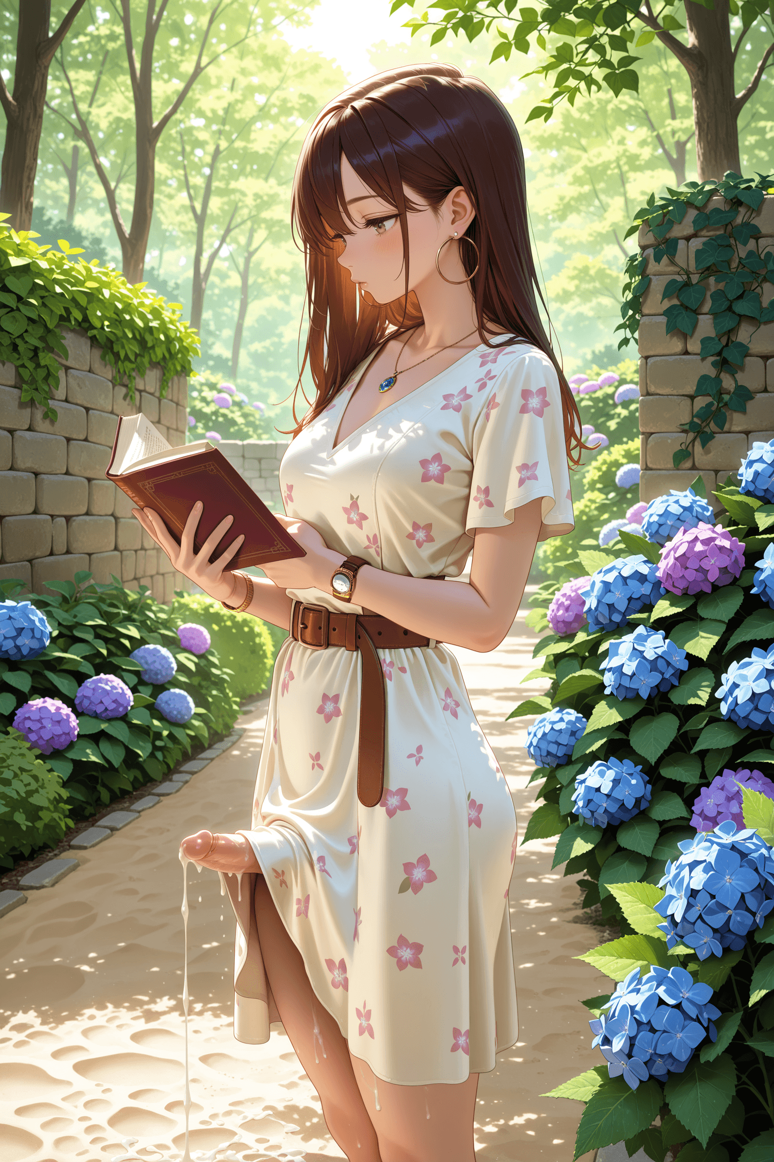 1girl, solo, futanari, standing, small penis, penis, erection, cum, dripping, cream dress, wrap dress, v-neck, floral print, short sleeves, belt, brown belt, clothed, holding book, book, necklace, pendant, hoop earrings, wristwatch, bracelet, garden, path, sand, stone wall, ivy, hydrangea, bush, greenery, tree, sunlight, soft lighting, outdoors, day, summer