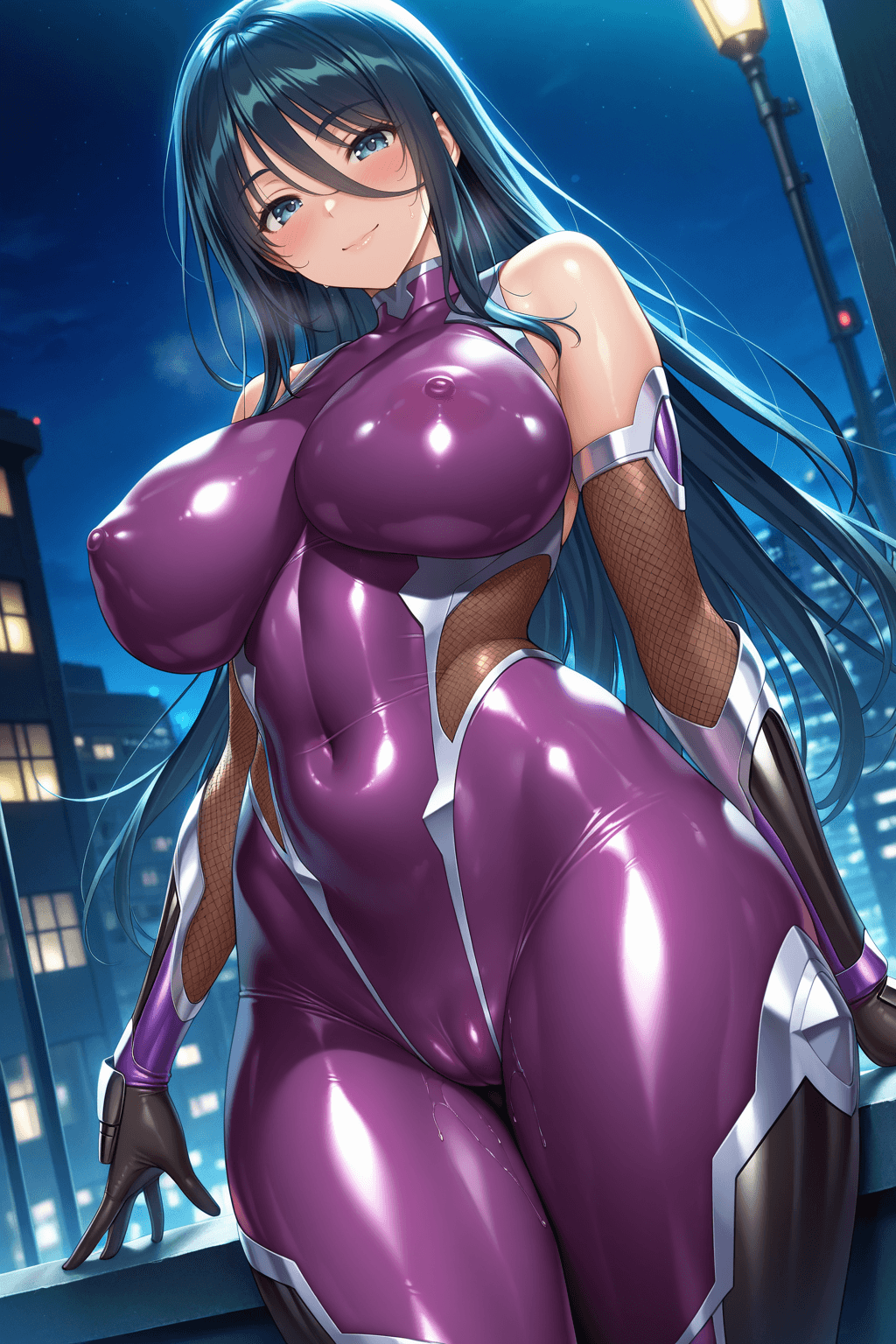 1girl, solo, long hair, breasts, looking at viewer, blush, smile, bangs, large breasts, black hair, gloves, hair between eyes, bare shoulders, green eyes, thighs, elbow gloves, shiny, covered nipples, lips, bodysuit, covered navel, night, cameltoe, fishnets, skin tight, shiny clothes, purple bodysuit, impossible bodysuit, taimanin suit