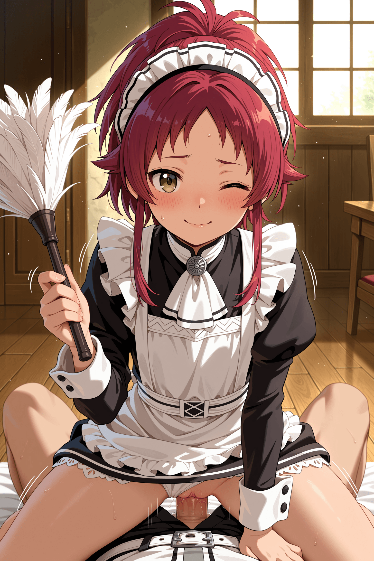 1girl, 1boy, aisha greyrat, mushoku tensei, solo focus, from front, red hair, ponytail, green eyes, looking at viewer, blush, smile, one eye closed, closed mouth, black dress, dress, long sleeves, shirt, maid, maid headdress, apron, maid apron, white apron, ascot, white ascot, belt, white belt, underwear, white panties, panties aside, clothing aside, clothed sex, sex, cowgirl position, on top, kneeling, penis, pussy, hetero, holding, feather duster, motion lines, indoors, wooden floor, uncensored