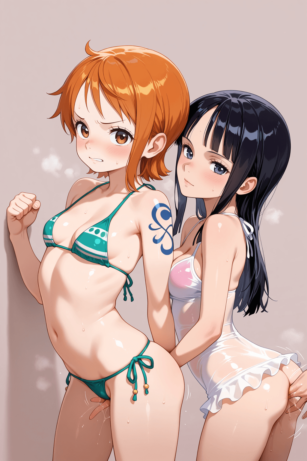 2girls, loli, small breasts, nami, nico robin, one piece, swimsuit, cleavage, bare chest, midriff, see-through, anal fisting, hand, ass, fingering, looking at viewer, standing, simple background