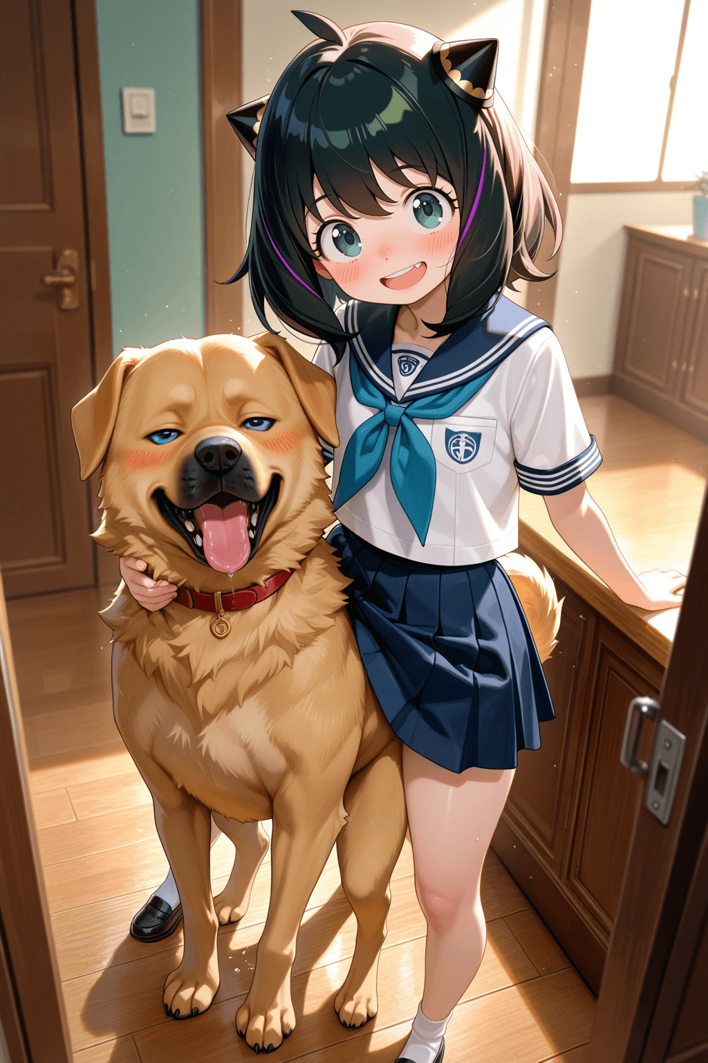 1girl, solo, solo_focus, anya forger, spy_x_family, dog, canine, dog_sex, animal_sex, sex, standing, dog_penetrating, looking_at_viewer, smile, blushing, embarrassed, short_hair, black_hair, bangs, blue_eyes, school_uniform, sailor_uniform, short_sleeves, pleated_skirt, short_skirt, bare_thighs, thighs, legs, spread_legs, feet, open_mouth, sweatdrop, blush, indoors, room, wooden_floor, bright_lighting, detailed, high_quality