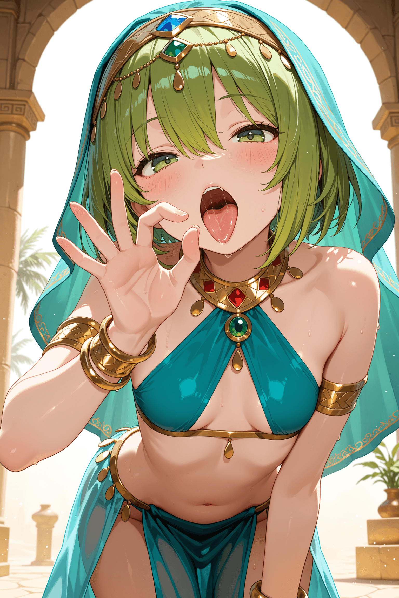 1girl, solo, breasts, looking at viewer, short hair, open mouth, bangs, navel, hair between eyes, bare shoulders, jewelry, green eyes, cowboy shot, small breasts, green hair, tongue, midriff, tongue out, stomach, bracelet, leaning forward, halterneck, veil, pelvic curtain, armlet, bangle, dancer, harem outfit, arabian clothes, fellatio gesture, oral invitation