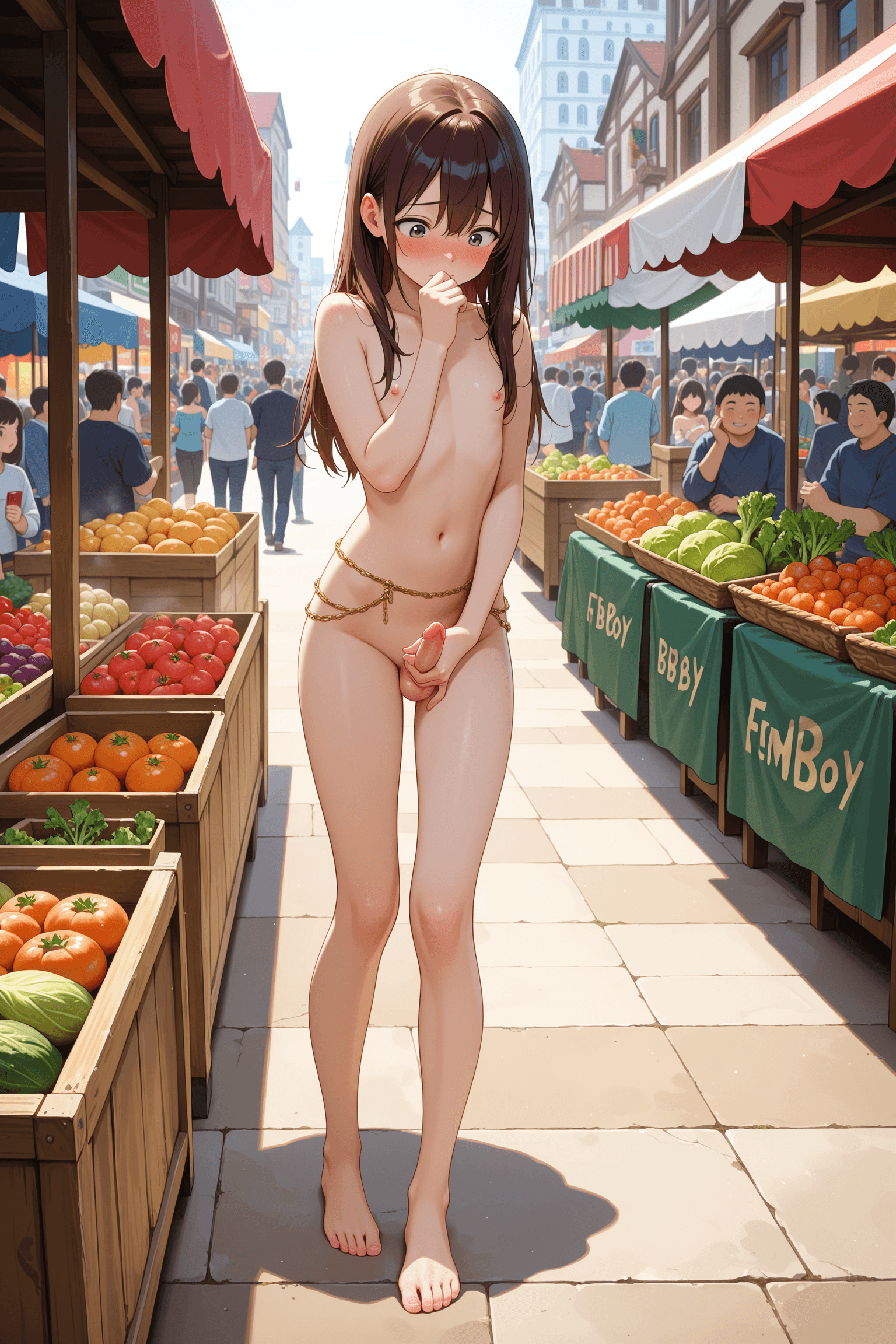 1boy, solo, femboy, nude, bare chest, bare shoulders, bare legs, bare feet, erect penis, small penis, average build, long hair, masturbation, holding own penis, right hand, left hand, hand to mouth, shy, embarrassed, blushing, looking down, vegetables, market, market stall, busy street, outdoors, crowd, buildings, daytime, natural lighting, anime style, waist chain, gold chain