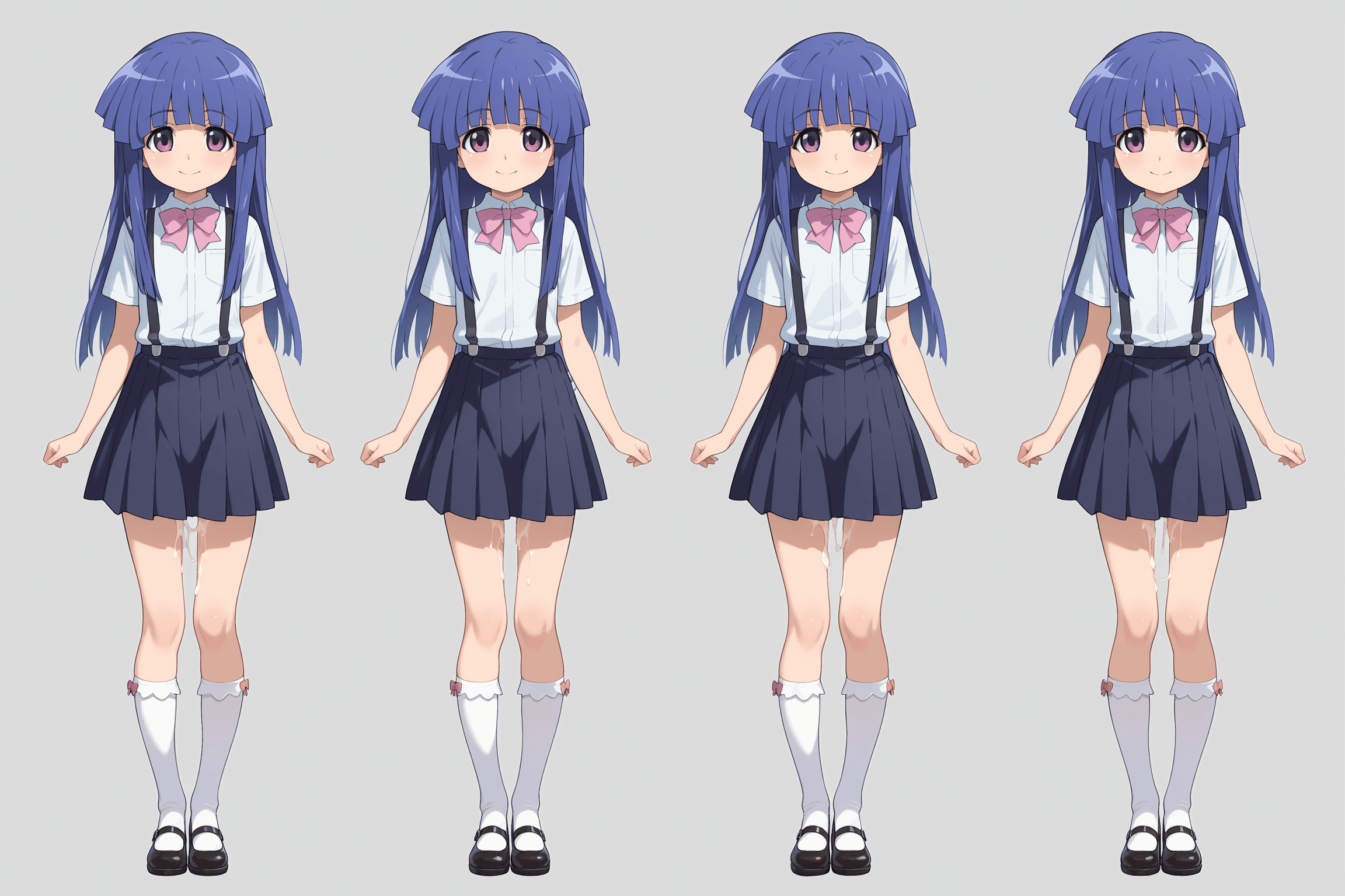 1girl, solo, furude rika, higurashi no naku koro ni, long hair, blue hair, purple eyes, smile, school uniform, shirt, skirt, suspenders, pink bow, bow, kneehighs, socks, mary janes, shoes, full body, multiple views, reference sheet, simple background, white background, anal sex, after sex