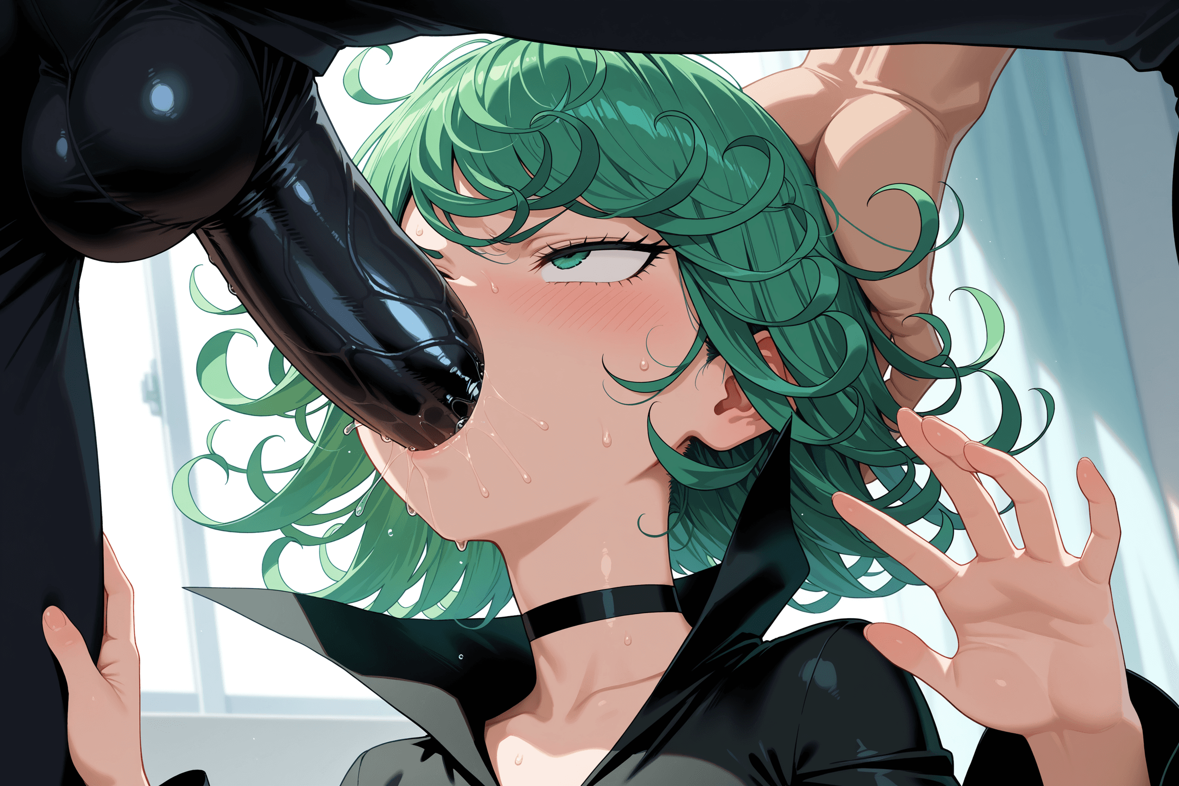 Tatsumaki, big_black_cock, choker, irrumatio, grabbed_by_the_neck, facefuck