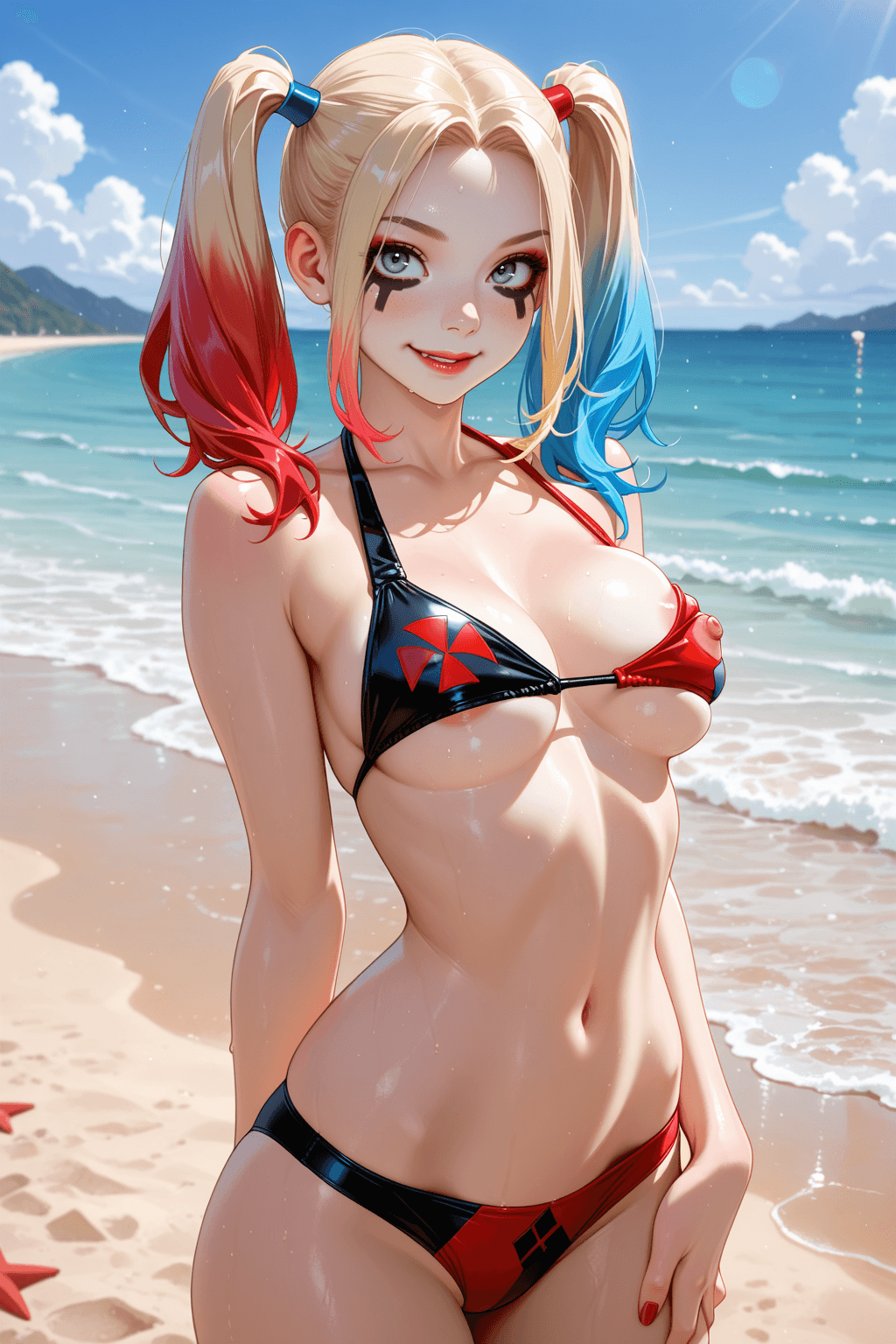 1girl, solo, harley quinn, dc, beach, bikini, bikini top, bikini bottom, bare breasts, nipple slip, underboob, nipples, blonde hair, blue eyes, pigtails, bangs, outdoors