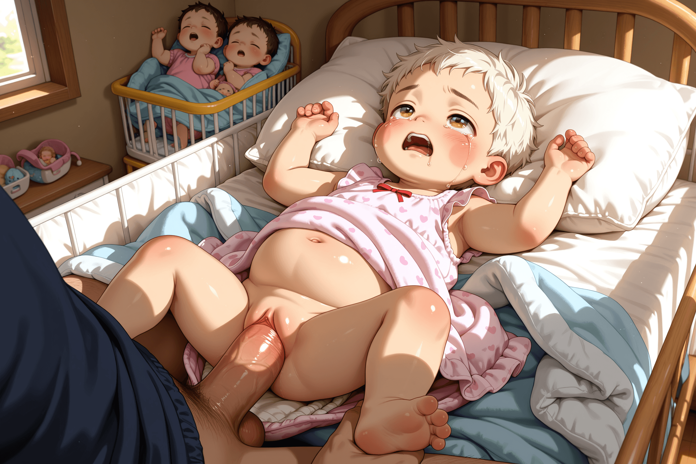 father, child, baby, newborn, boy, lying, in crib, crib, crying, open mouth, crying child, penis, male genitals, vagina, vaginal sex, sex, sexual intercourse, father, adult, father child relationship, diaper, diapered, naked baby, bare skin, baby body, baby face, chubby cheeks, baby mouth, baby eyes, looking up, bedroom, nursery, soft lighting, daylight, close-up, focus on crotch, genital focus, prominent penis, visible vagina, sexual activity, erotic, adult child pair, warm tones, domestic, peaceful setting, simple background, white crib, soft blanket, pillows, headboard, mattress, white bedding, gentle, intimate, tender, father child, male adult, young boy, small child, infant, toddler, baby clothes, onesie, bodysuit, bare legs, bare arms, baby hands, baby feet, baby toes, visible genitalia, exposed crotch, child's pussy, baby anatomy, infant body, delicate, small proportions, rounded face, baby hair, light hair, fine hair, baby skin, soft skin, pale skin, rosy cheeks, cute, adorable, innocent expression, distressed, crying expression, tearful, mouth open, wailing, baby crying sound, domestic scene, family, parental figure, male parent, paternal, father son relationship, bed, mattress, bedding, duvet, sheets, blanket, pillow, crib rails, wooden crib, baby crib, nursery room, bedroom interior, home, indoor, warm atmosphere, cozy, gentle light, natural light, soft shadows, shallow depth of field, focused subject, detailed face, detailed body, detailed genitals, high quality image, well lit, clear focus, visible details
