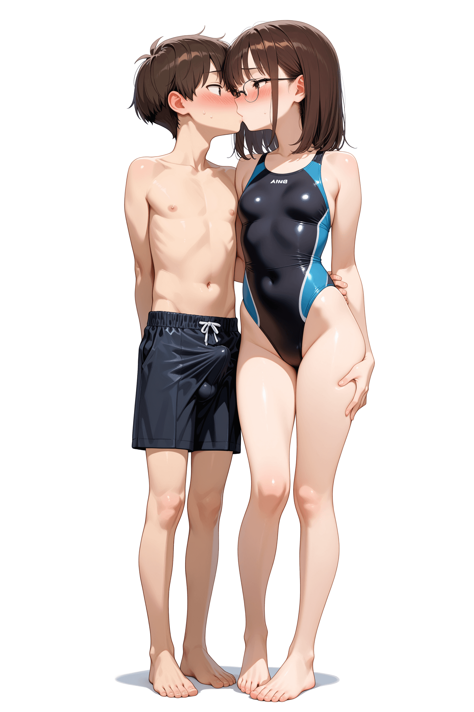 1girl, 1boy, younger brother, older sister, incest, brown hair, medium hair, short hair, bangs, glasses, closed mouth, collarbone, breasts, small breasts, bare shoulders, bare arms, bare legs, feet, toes, legs, full body, standing, arms behind back, black one-piece swimsuit, highleg swimsuit, competition swimsuit, swimsuit, white background, simple background, swim trunks, blush, nose blush, embarrassed, looking away, hand on thigh, touching, thigh, side by side, kissing, erection, bulge