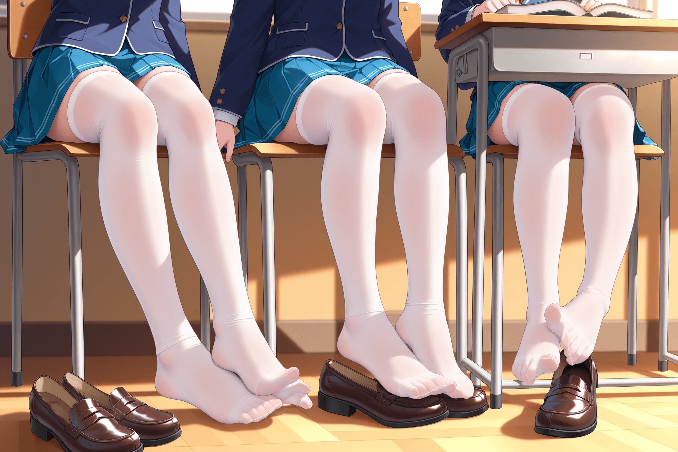 multiple girls, school uniform, white thighhighs, white stockings, pantyhose, stockings, thighhighs, hosiery, shoeless, removing shoes, shoes, using feet, toes, foot focus, feet, legs, sitting, desk, books, classroom
