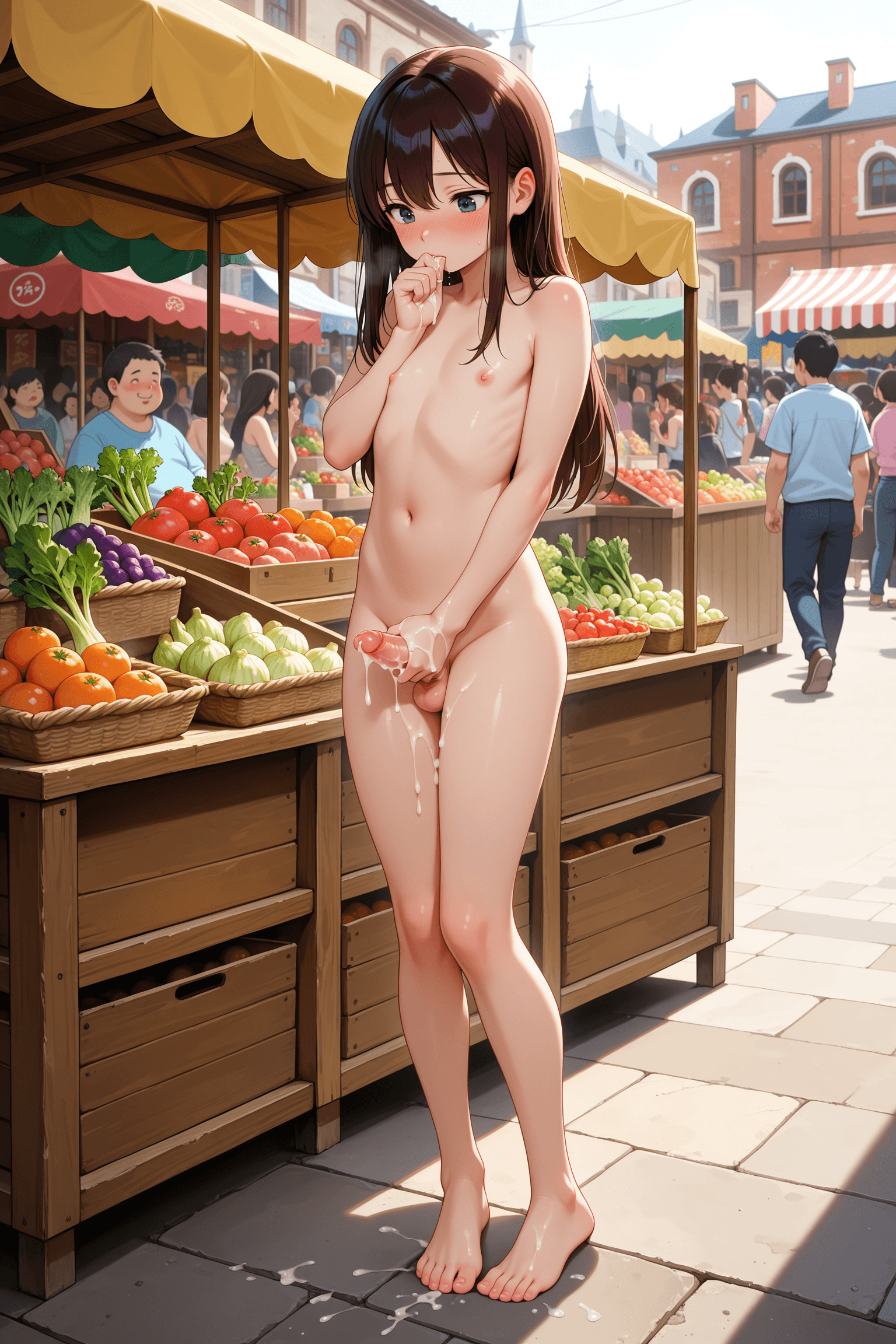 1boy, solo, femboy, nude, bare chest, bare shoulders, bare legs, bare feet, erect penis, small penis, average build, long hair, masturbation, holding own penis, right hand, left hand, hand to mouth, shy, embarrassed, blushing, looking down, semen, cum, cum on penis, cum on hand, vegetables, market, market stall, busy street, outdoors, crowd, buildings, daytime, natural lighting, anime style, full body