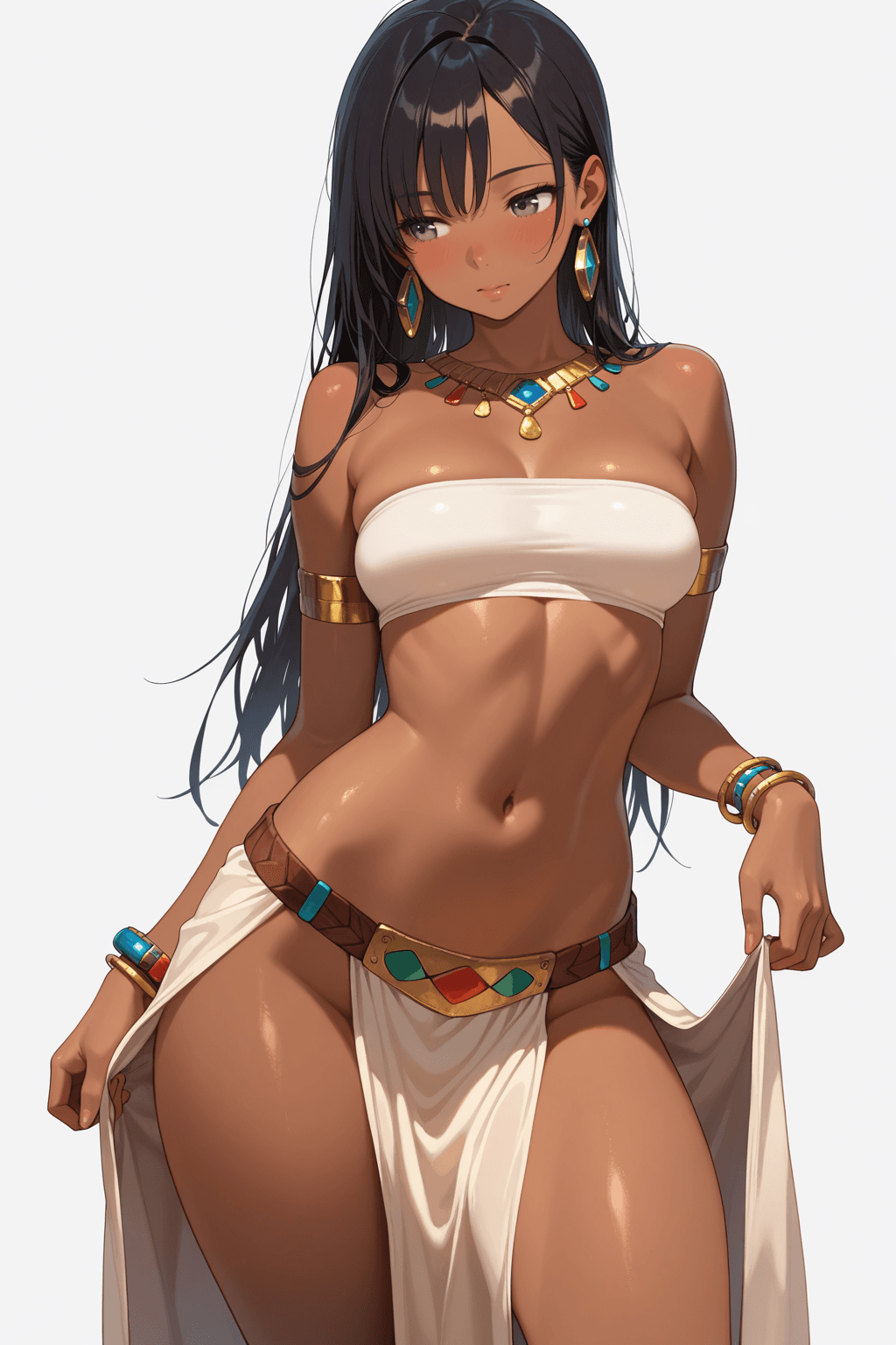 1girl, solo, long hair, breasts, bangs, simple background, black hair, white background, navel, bare shoulders, brown eyes, jewelry, earrings, midriff, dark skin, bracelet, dark-skinned female, crop top, strapless, pelvic curtain, bandeau, tube top, loincloth