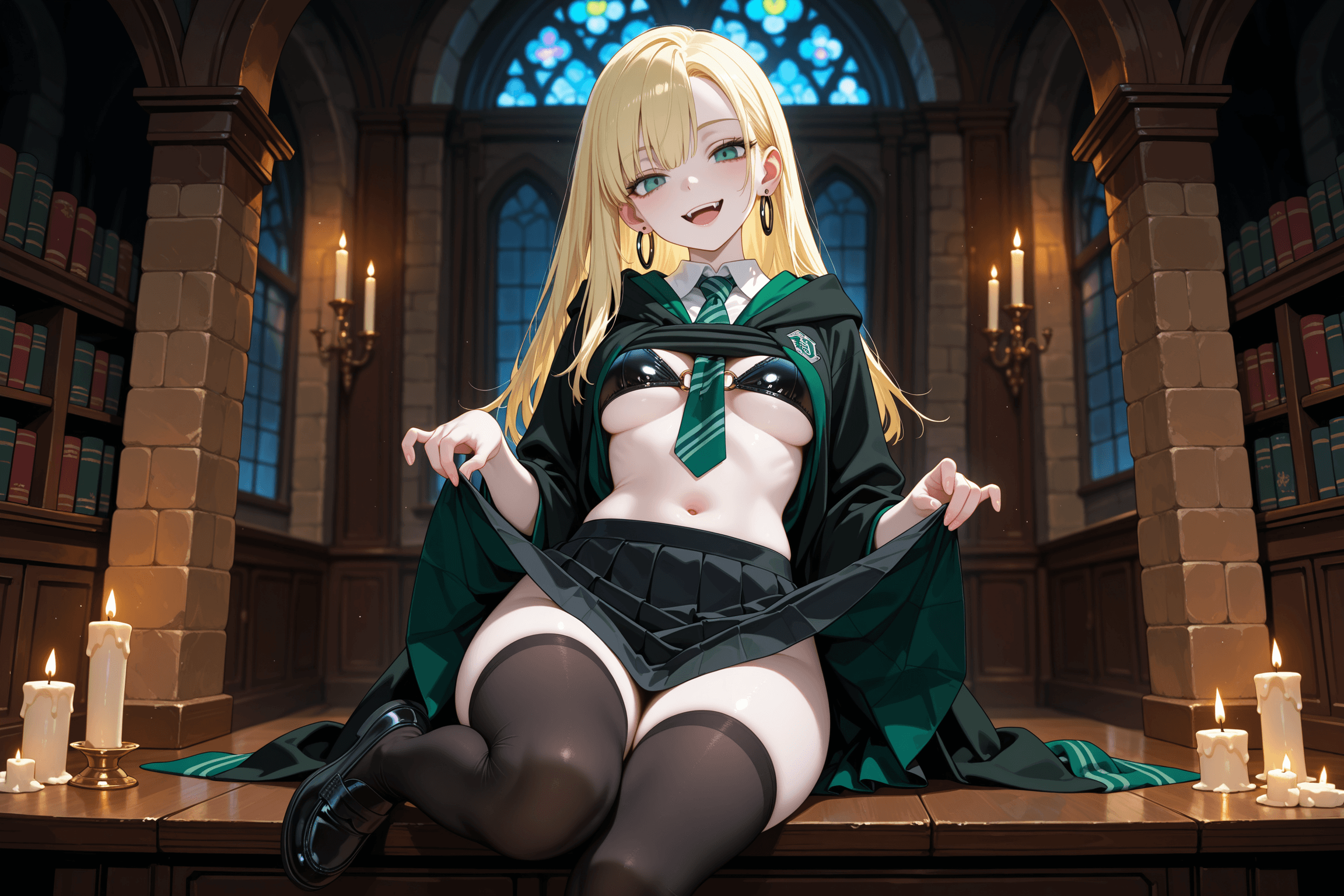 female draco malfoy, 1girl, solo, hogwarts, slytherin, hogwarts school uniform, school uniform, long hair, blonde hair, pale skin, green eyes, looking at viewer, smile, open mouth, shirt, green necktie, pleated skirt, black skirt, skirt lift, shirt lift, lifted by self, black thighhighs, black footwear, shopeno bra, underboob, navel, jewelry, earrings, hoop earrings, sitting, indoors, candle, dark clothes, dark outfit, dark vibe