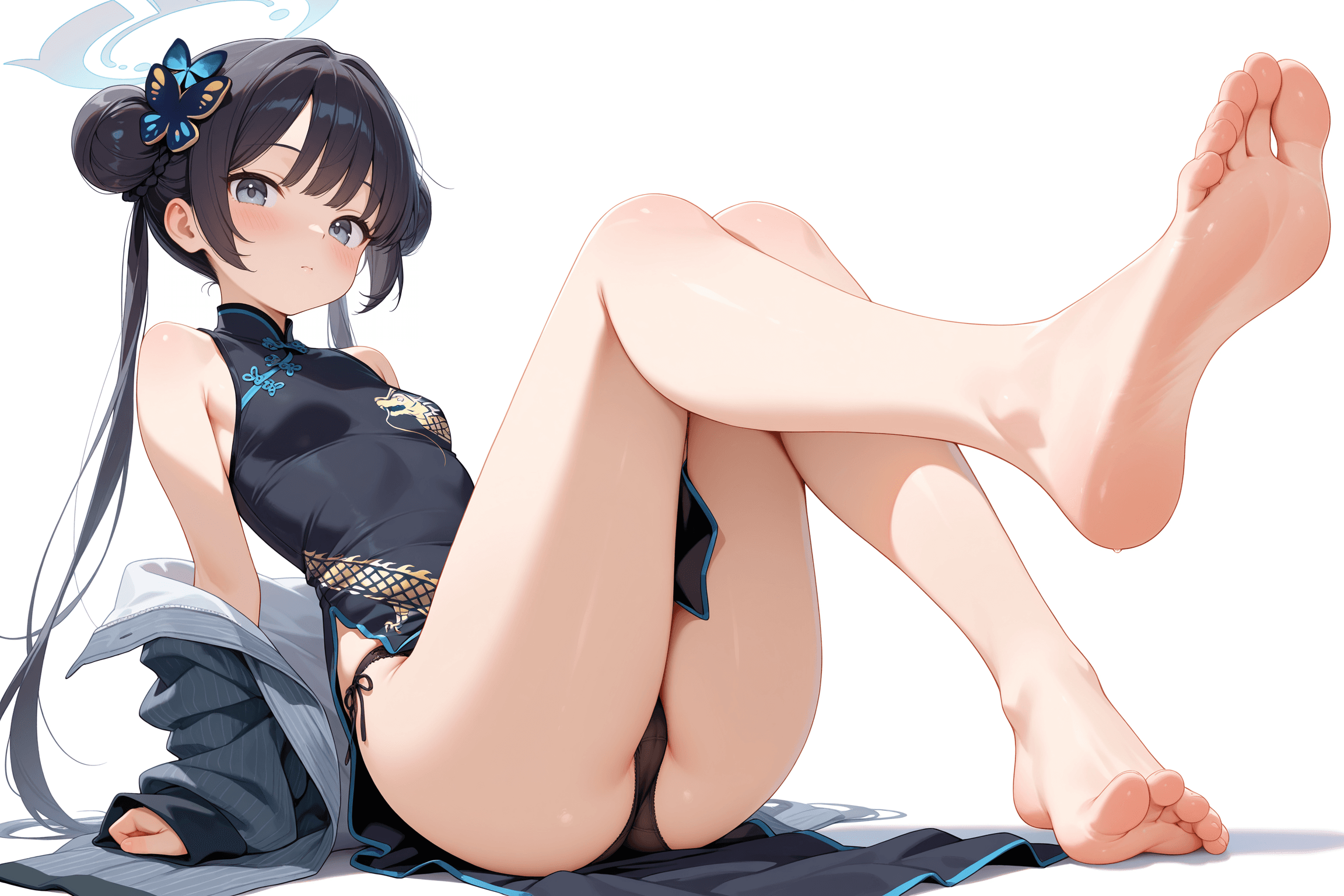 1girl, solo, long hair, breasts, looking at viewer, blush, bangs, simple background, black hair, hair ornament, white background, dress, bare shoulders, twintails, sitting, underwear, panties, full body, ass, thighs, small breasts, barefoot, sleeveless, off shoulder, hair bun, black dress, feet, legs, grey eyes, black panties, bare legs, double bun, toes, halo, chinese clothes, soles, foreshortening, china dress, foot focus