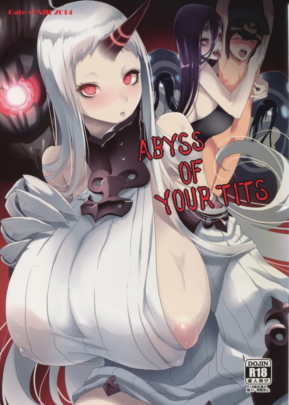 Description:
A succubus with white hair and horns is depicted in a provocative pose, partially unclothed with visible breasts. She has a mischievous expression and is surrounded by other characters in the background, some of whom appear to be reacting with arousal. The image is titled "Abyss of Your Tits" in bold red letters, and the text "R18" and "Dojin" are visible.

Text from image:
ABYSS OF YOUR TITS
R18
DOJIN
成人向け
性的な表現