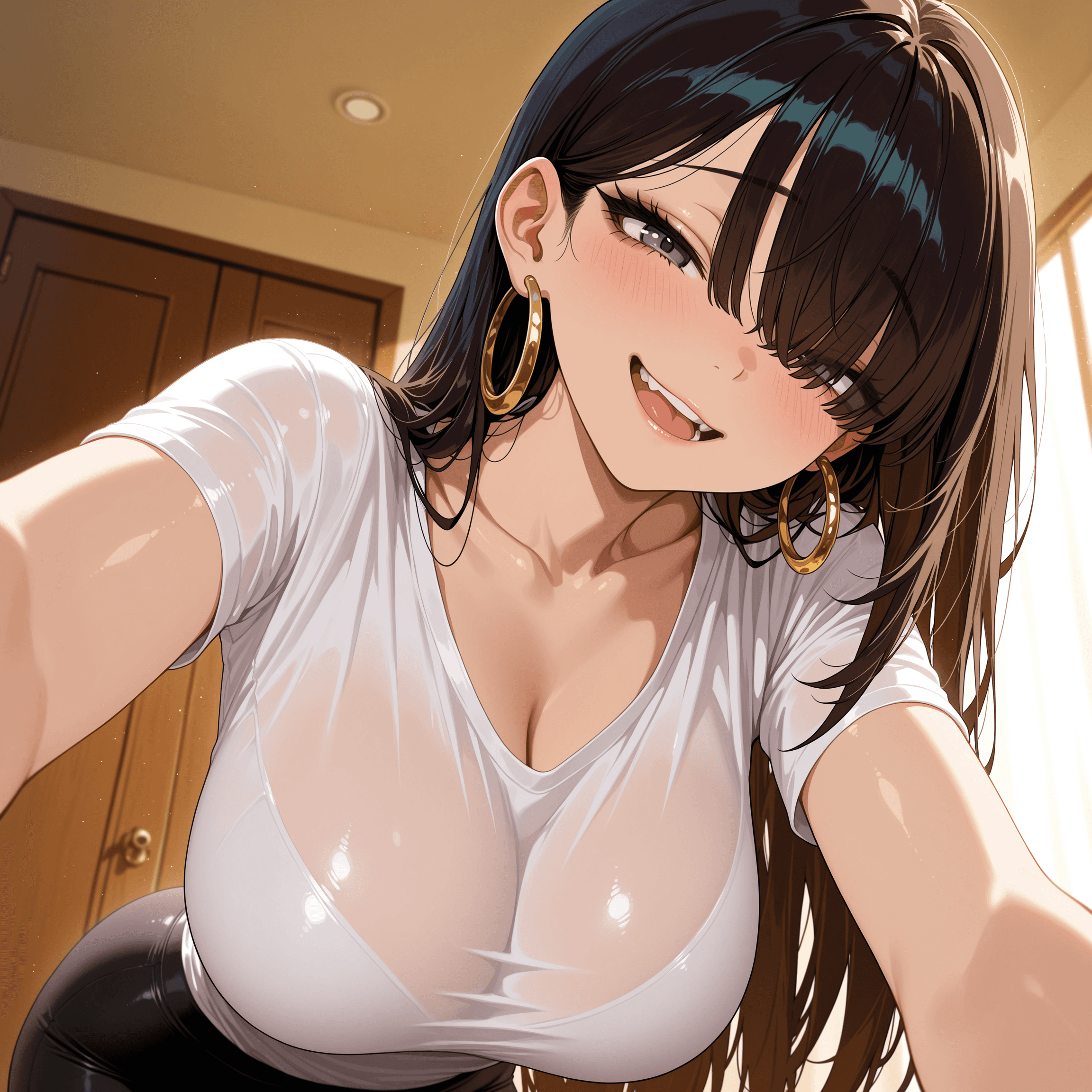 1girl, solo, green eyes, almond eyes, olive eyes, dark eyeliner, upper eyeliner, long eyelashes, thin eyebrows, raised eyebrows, narrowed eyes, sly smile, smug, smirk, open mouth, bangs, hair over eyes, light skin, blush, hoop earrings, large earrings, large breasts, white shirt, tight clothes, shirt