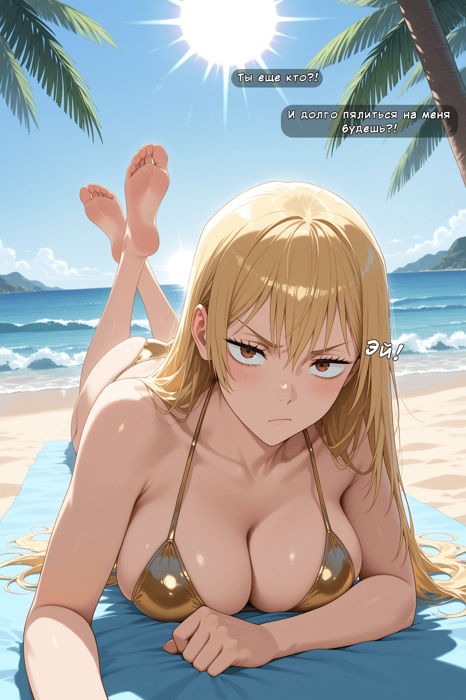 Description:
A blonde woman with red eyes and a stern, slightly flushed expression lies on her stomach on a blue beach towel. She wears a shiny, metallic gold bikini top that barely contains her large, perky breasts, which are pushed up by the fabric. Her legs are kicked up high in the air behind her, showcasing her bare feet. The scene is set on a sunny beach with palm trees and the ocean in the background.
Text from image:
и долго пялиться на меня будешь?!
Ты еще кто?!
Ира!