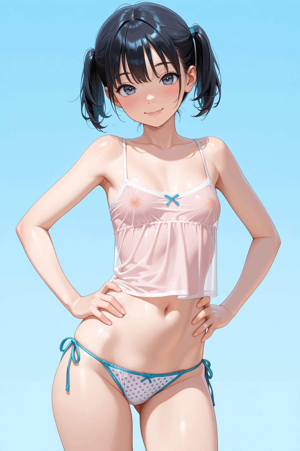 1girl, solo, looking at viewer, blush, smile, blue eyes, black hair, navel, twintails, underwear, panties, small breasts, lips, see-through, blue background, underwear only, polka dot, short twintails, side-tie panties, camisole, hands on hips, polka dot panties