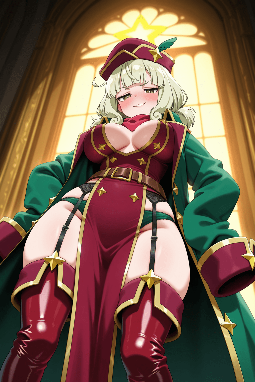 1girl, solo, kiwi araga, leoparde, mahou shoujo ni akogarete, mahoako, gushing over magical girls, ash blonde hair, low space buns, blunt bangs, wine red eyes, mole under eye, short stature, large breasts, voluptuous, wide hips, slender waist, low angle shot, view from below, lower body focus, close up, panties, strappy panties, black panties, green panties, pelvic curtain, garter straps, thigh high leather boots, leather boots, open clothes, oversized clothes, green jacket, military jacket, military hat, star motif, smug expression, smirk, blushing, heavy shadows, dramatic lighting, cinematic composition, anime visual novel style