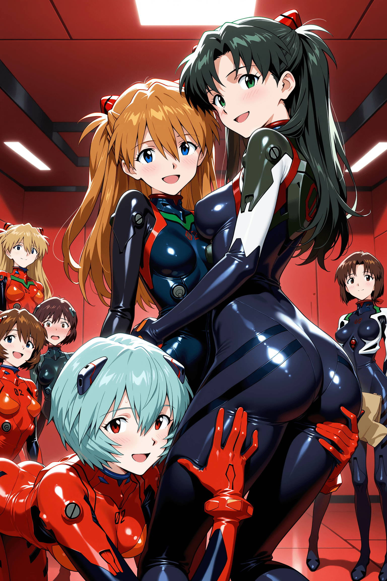 6+girls, evangelion, yuri, long hair, short hair, blonde hair, brown hair, black hair, green hair, twintails, brown eyes, green eyes, looking at viewer, blush, smile, open mouth, breasts, medium breasts, ass, hair ribbon, bodysuit, black bodysuit, latex, latex bodysuit, skin tight, shiny clothes, shiny