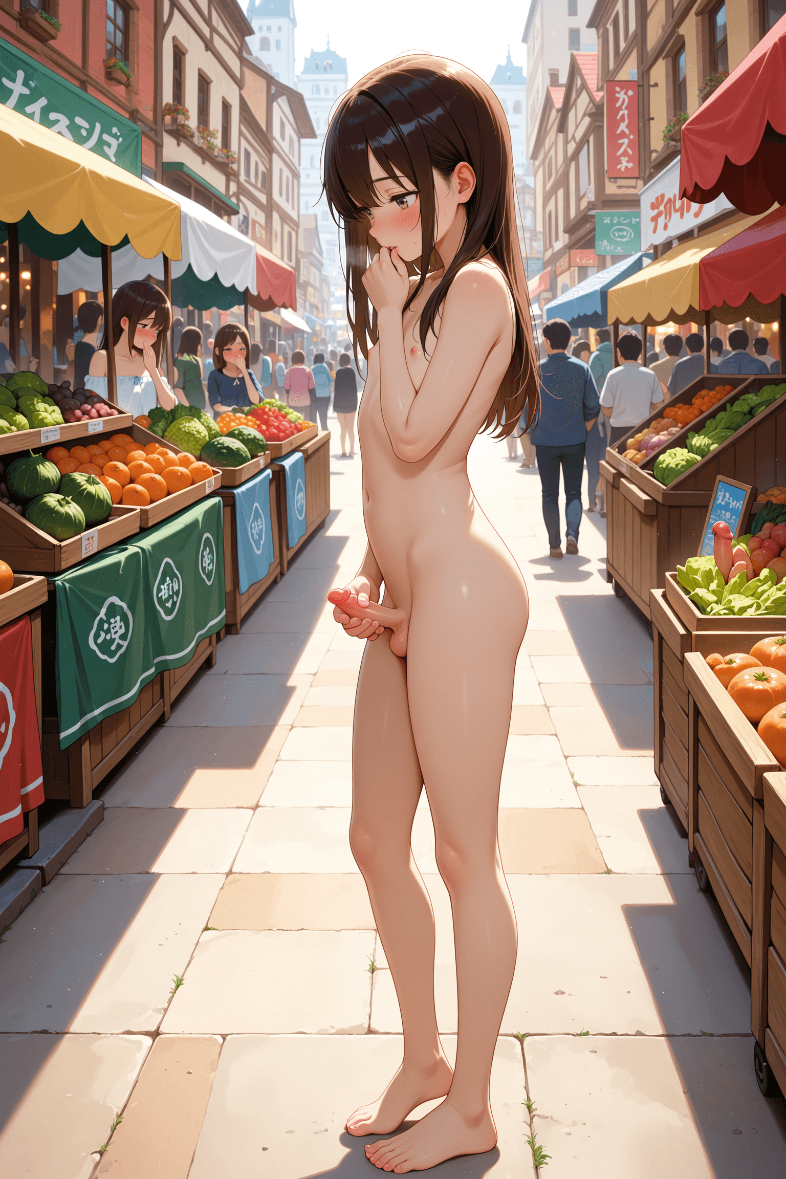 1boy, solo, femboy, nude, bare chest, bare shoulders, bare legs, bare feet, erect penis, small penis, average build, long hair, masturbation, holding own penis, right hand, left hand, hand to mouth, shy, embarrassed, blushing, looking down, vegetables, market, market stall, busy street, outdoors, crowd, buildings, daytime, natural lighting, anime style