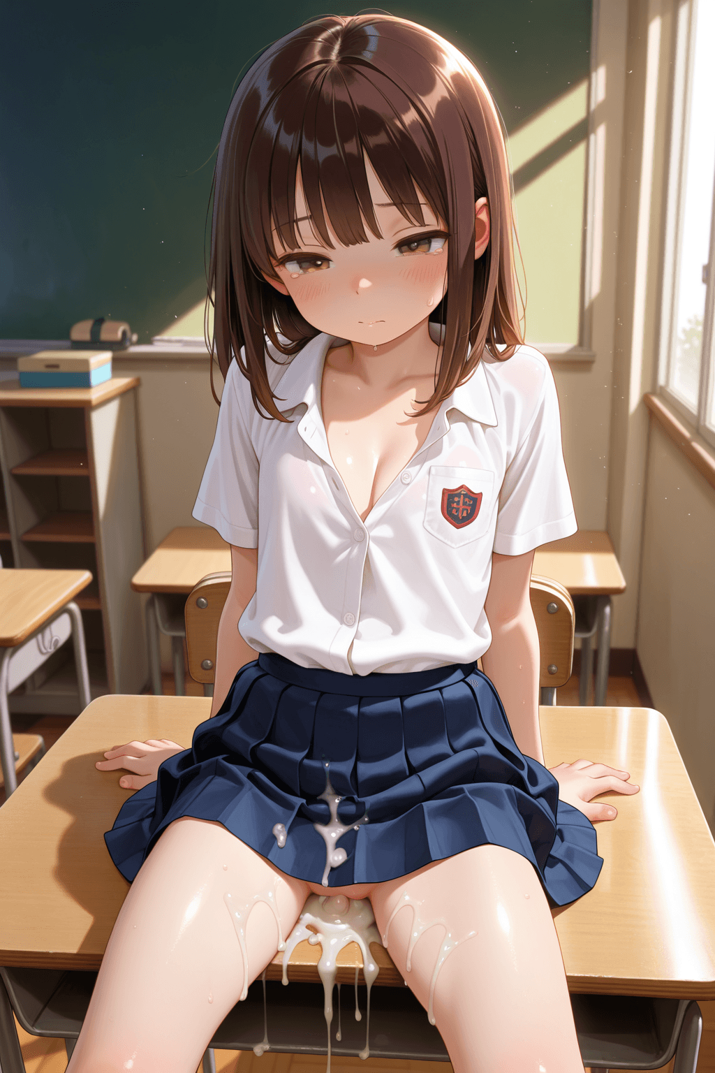 1girl, solo, loli, slim, brown hair, brown eyes, bangs, school uniform, pleated skirt, short sleeves, shirt, sitting, sitting on desk, desk, school, semen from vagina, semen, vagina, cleavage
