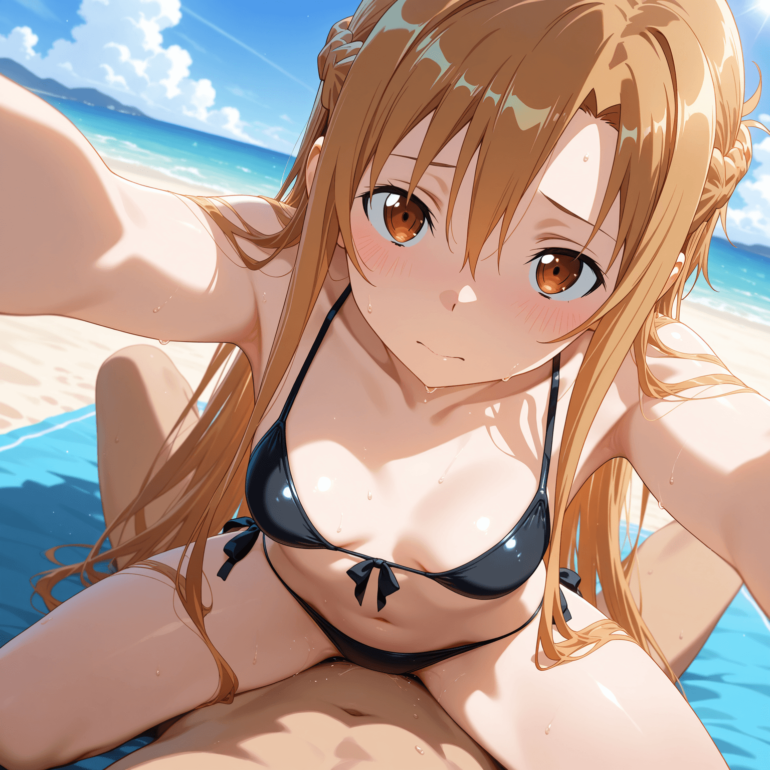 1girl, solo, yuki asuna, asuna, sword art online, long hair, brown hair, brown eyes, small breasts, black bikini, bikini, swimsuit, bare shoulders, midriff, navel, cowgirl position, sitting, sex, first-person view, boyfriend's perspective, looking at viewer, beach, outdoors, simple background