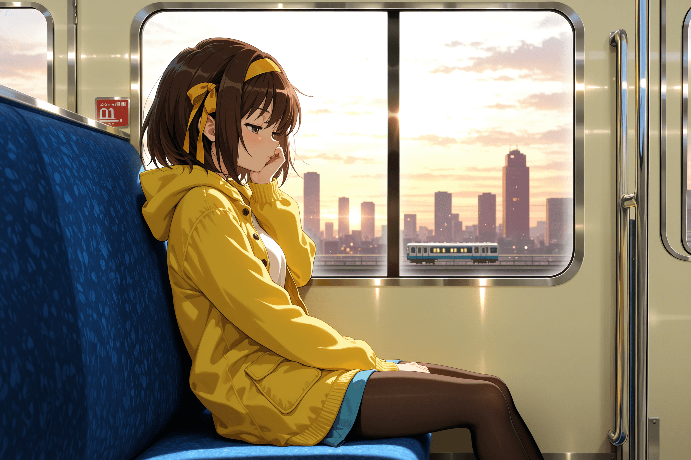 1girl, solo, suzumiya haruhi, the melancholy of haruhi suzumiya, brown hair, short hair, brown eyes, yellow hairband, hairband, ribbon, hair ribbon, yellow ribbon, sitting, train interior, window, cityscape, from side, jacket, yellow jacket, hooded jacket, hood, hood down, coat, long sleeves, sweater, open clothes, hand on own face, hand on own cheek, closed mouth, half-closed eyes, indoors, pantyhose, head rest