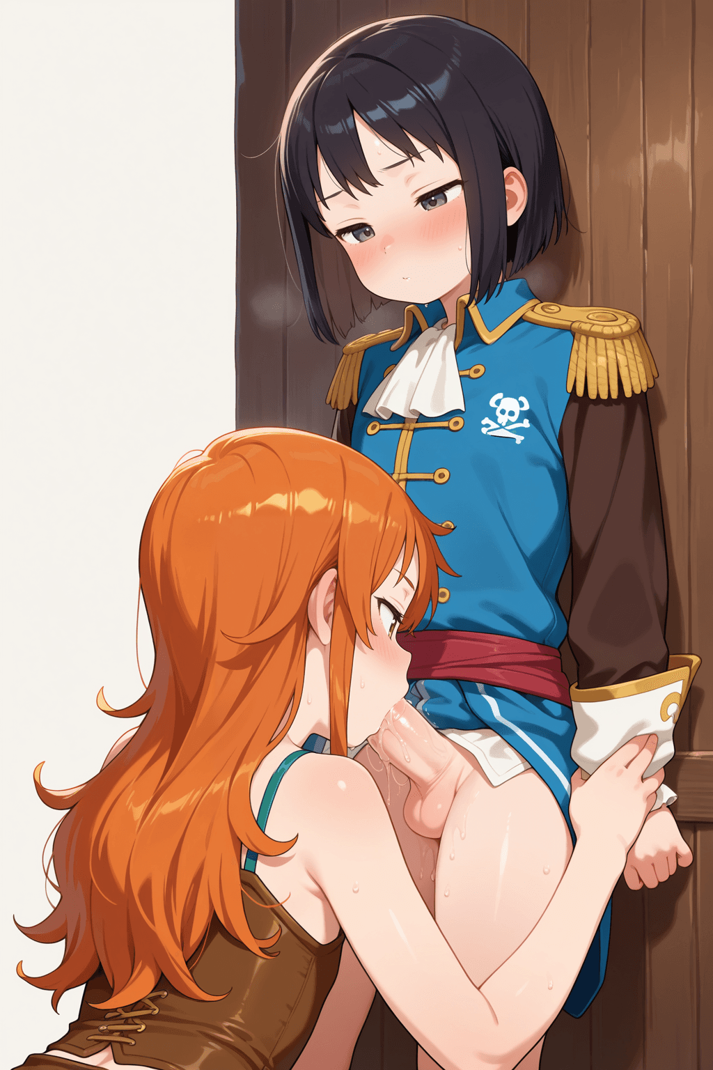 2girls, nami, robin, loli, futanari, short hair, orange hair, long hair, black hair, pirate clothes, marine uniform, blowjob, oral sex, simple background