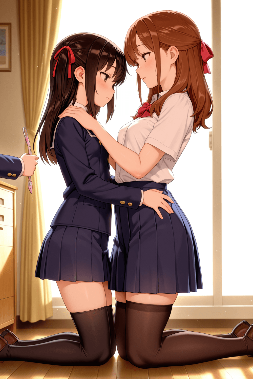 2girls, 1girl, 1girl, milf, young, petite, small breasts, school uniform, pleated skirt, thighhighs, hair ribbon, standing, kneeling, holding, hand on shoulder, dominant, submissive, smile, looking at each other, indoors, white background, anime style