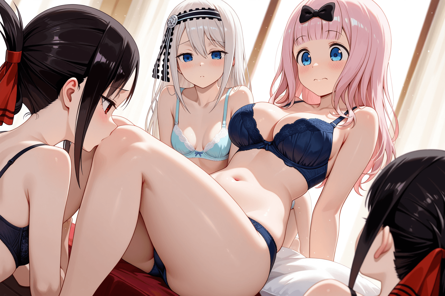 3girls, fujiwara chika, shinomiya kaguya, shirogane kei, kaguya-sama wa kokurasetai, minimal clothing, underwear, bra, panties