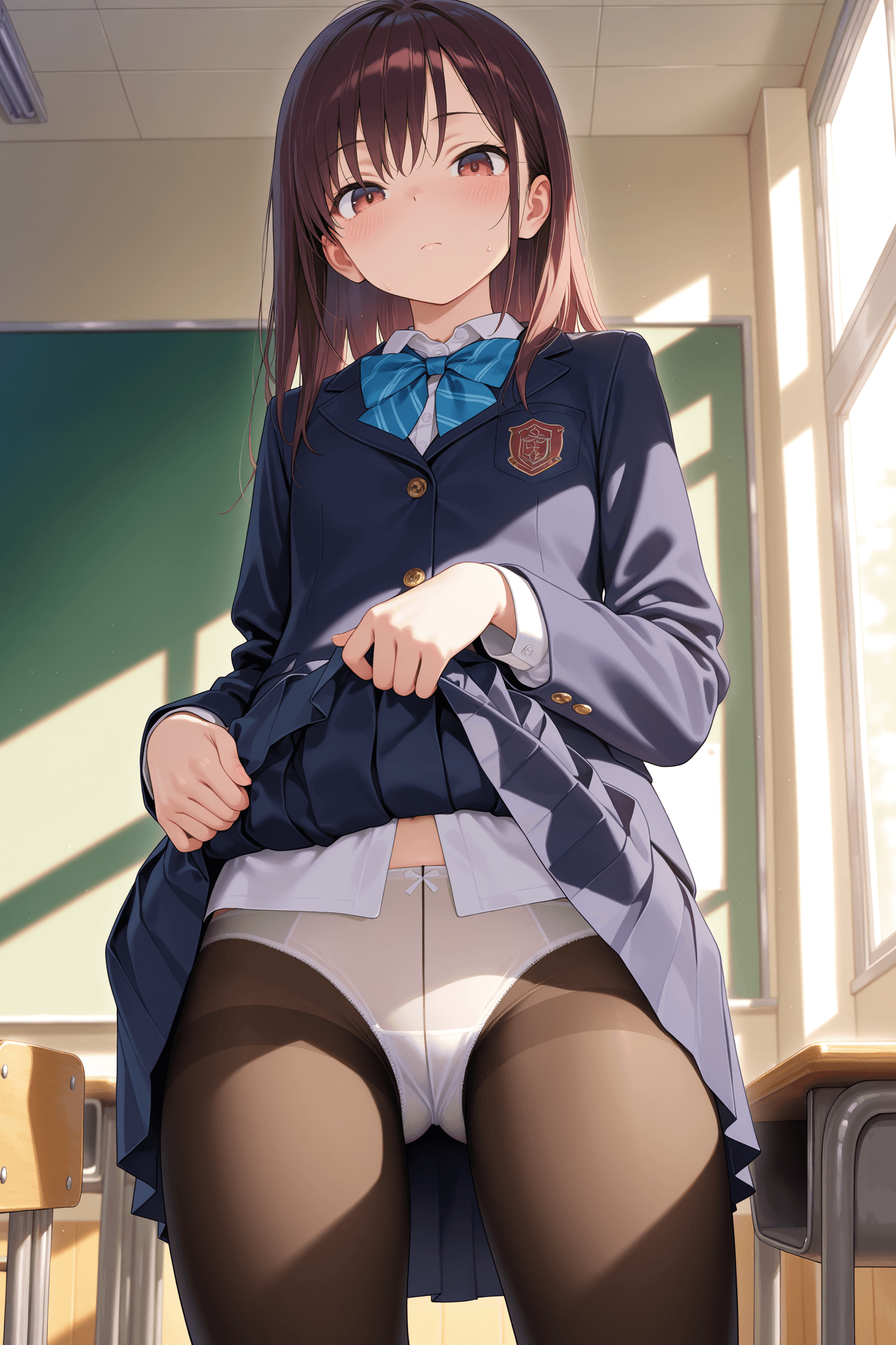 1girl, solo, schoolgirl, student, slim, school uniform, pleated skirt, lifting skirt, white panties, tights, classroom, indoors, looking at viewer