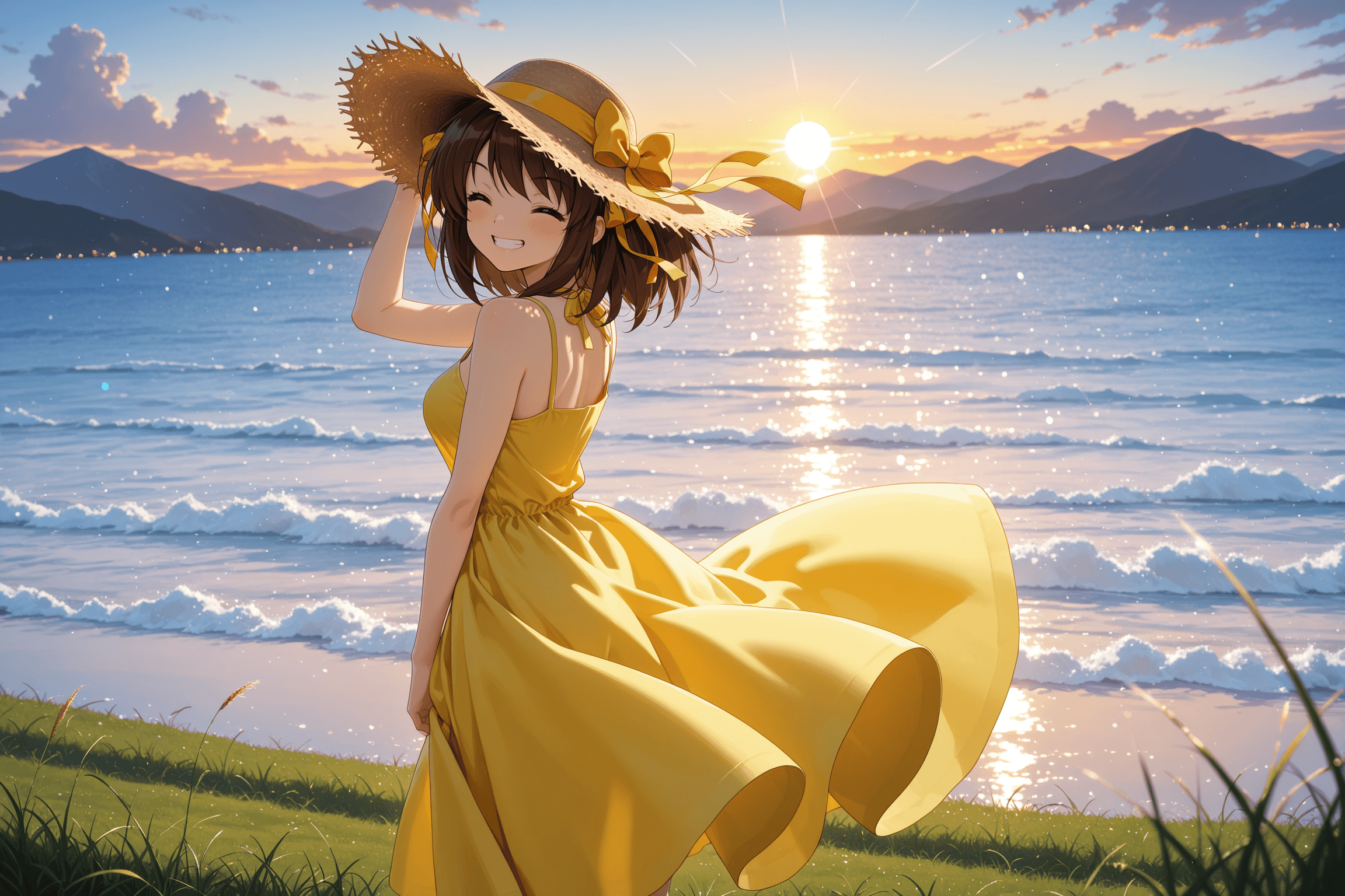 1girl, solo, haruhi suzumiya, the melancholy of haruhi suzumiya, brown hair, medium hair, sundress, yellow dress, dress, sleeveless dress, sleeveless, straw hat, sun hat, hat, hat ribbon, hat bow, yellow ribbon, ribbon, standing, looking back, from behind, arm up, hand on headwear, closed eyes, smile, grin, teeth, blush, breasts, bare arms, bare shoulders, outdoors, sky, cloud, sun, sunset, water, ocean, mountainous horizon, mountain, horizon, grass, scenery