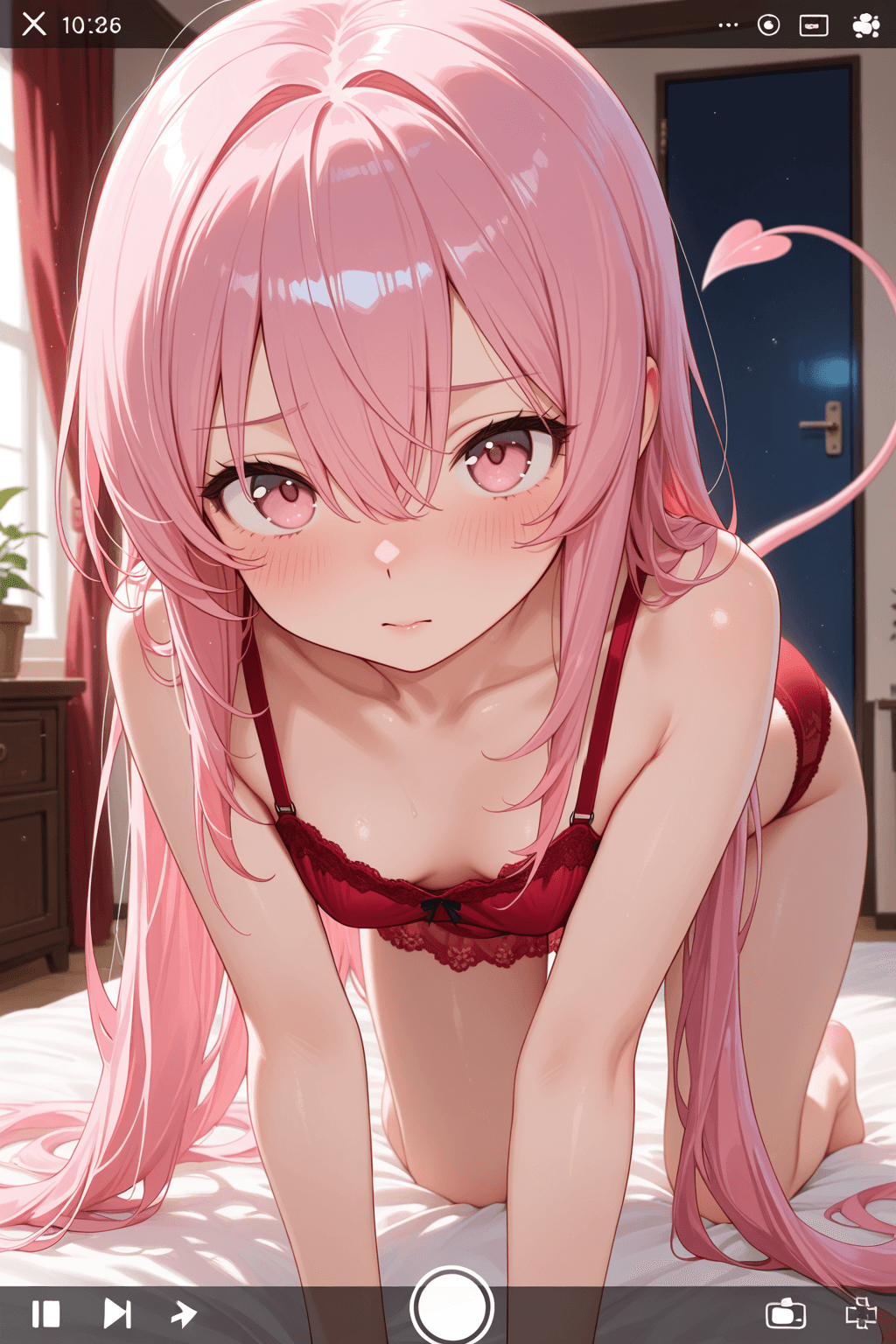 1girl, solo, long hair, very long hair, pink hair, pink eyes, bangs, hair between eyes, tail, red underwear, all fours, looking at viewer, blush, closed mouth, indoors, fake screenshot, phone screen