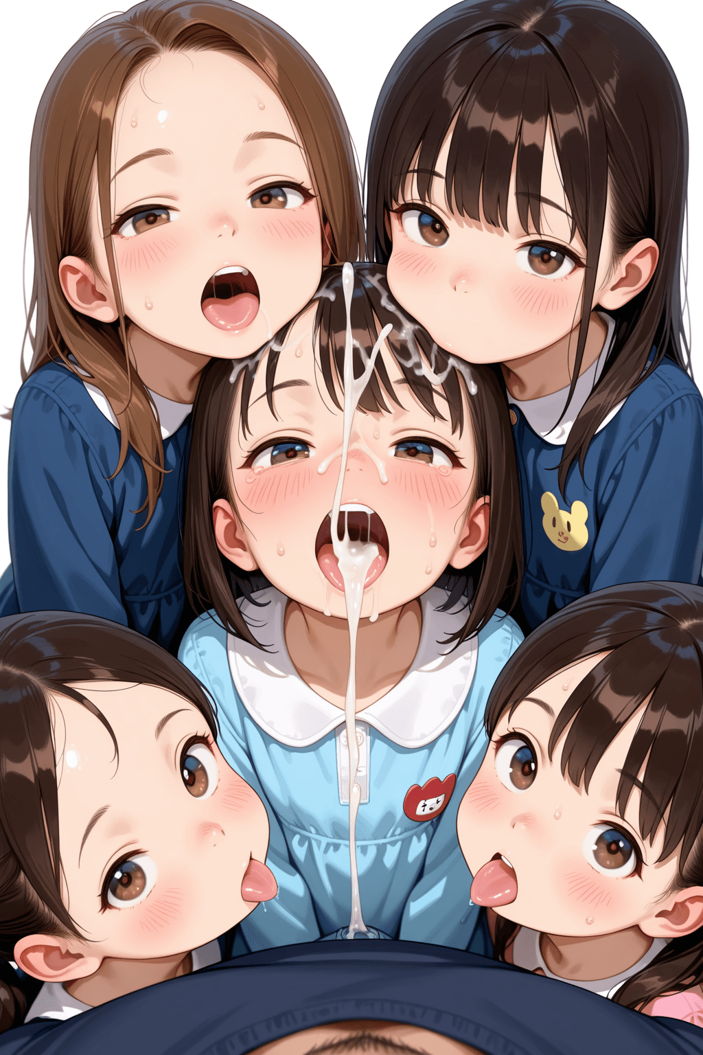 father, ejaculation, 3girls, 5 years old, girls, small girls, open mouth, mouths open, father, adult, adult male, children, kids, children's clothes, simple dress, girl's dress, mouthful, facefull, face shot, close-up, looking at viewer, blush, cute, white background