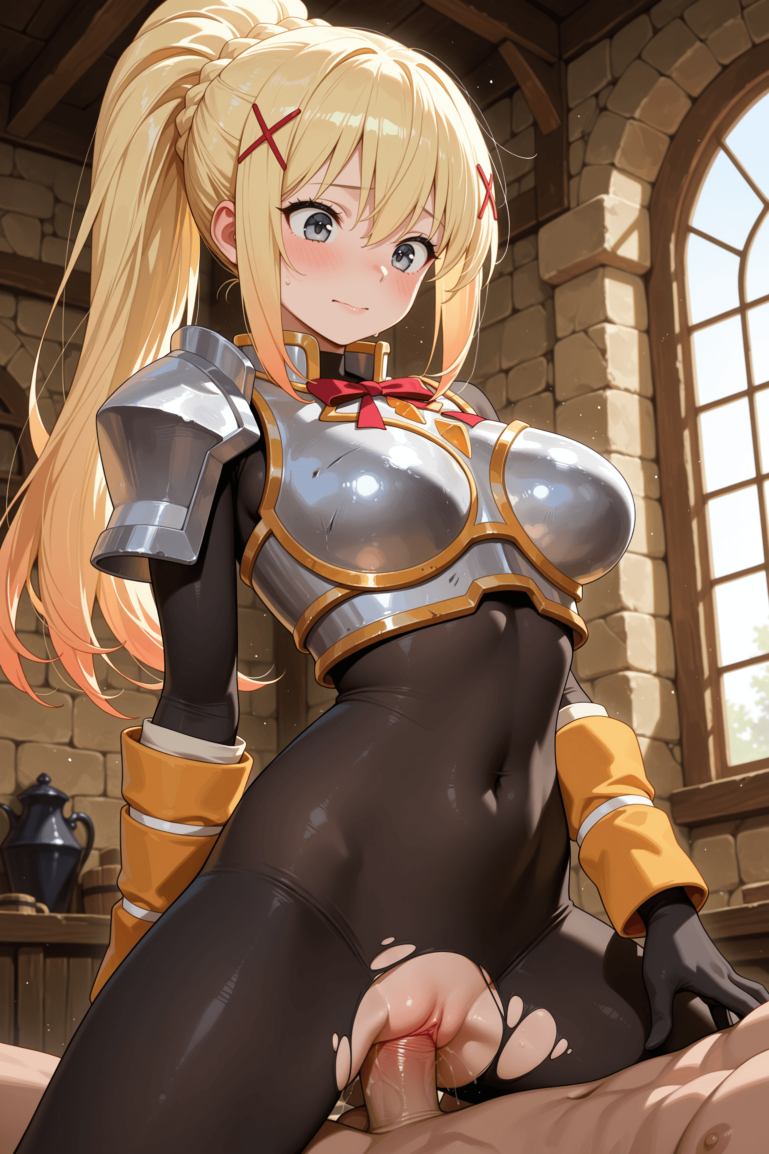 1girl, long hair, breasts, blush, bangs, blonde hair, hair ornament, 1boy, closed mouth, green eyes, ponytail, braid, hetero, penis, pussy, solo focus, indoors, sex, armor, vaginal, torn clothes, uncensored, bodysuit, covered navel, straddling, x hair ornament, girl on top, shoulder armor, cowgirl position, clothed sex, breastplate, black bodysuit, torn bodysuit, darkness \(konosuba\)