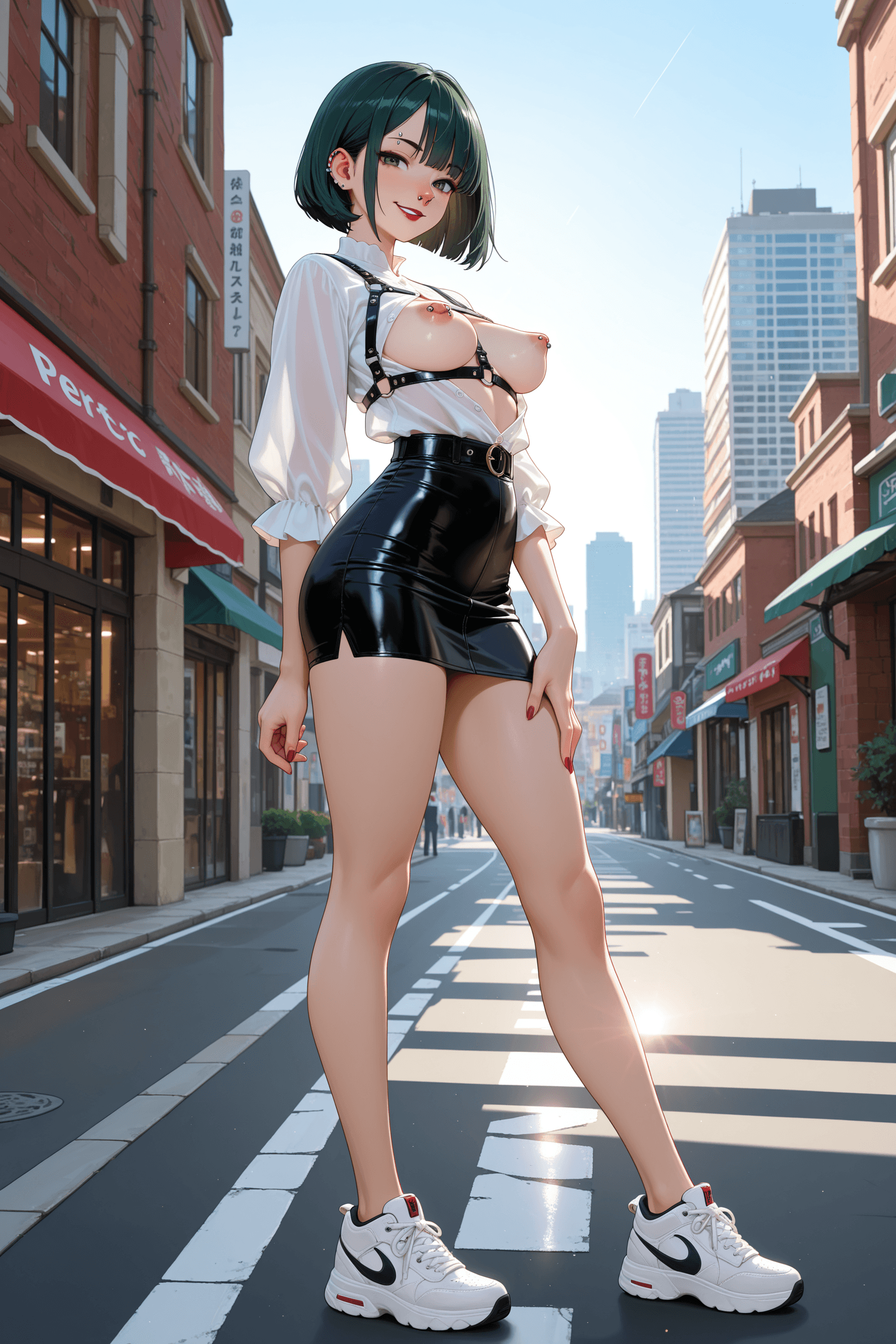 1girl, solo, dark green hair, bob cut, nose ring, eyebrow piercing, barbell piercing, nipple piercing, medium breasts, perky breasts, no bra, white blouse, blouse, sheer clothing, buttoned, black leather harness, harness, pencil skirt, black skirt, short skirt, tight clothing, white sneakers, sneakers, perfect hands, standing, full body, from front, looking at viewer, smile, red lipstick, outdoors, city, street, day, sunlight, sky, buildings