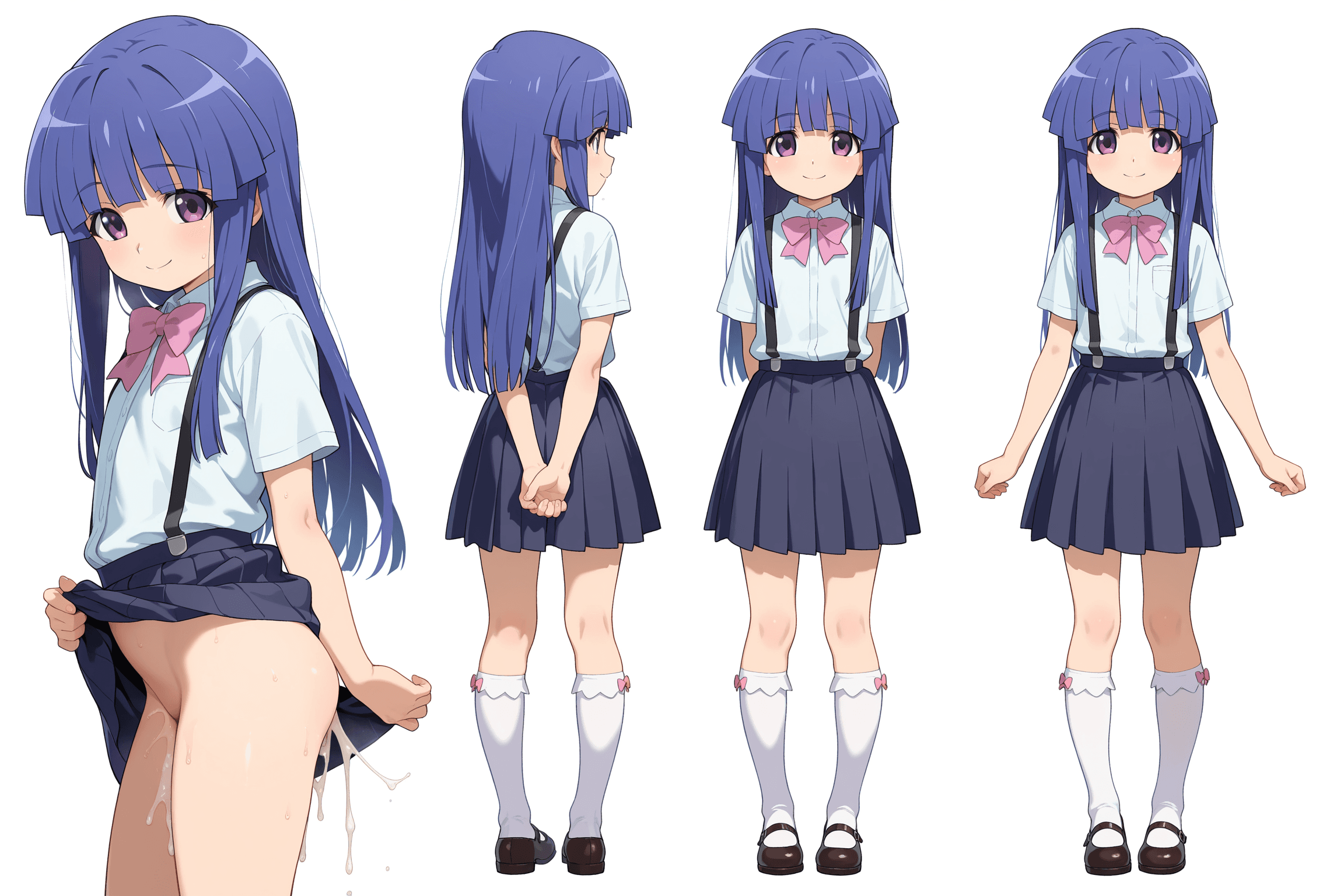 1girl, solo, furude rika, higurashi no naku koro ni, long hair, blue hair, purple eyes, smile, school uniform, shirt, skirt, suspenders, pink bow, bow, kneehighs, socks, mary janes, shoes, full body, multiple views, reference sheet, simple background, white background, anal sex, after sex