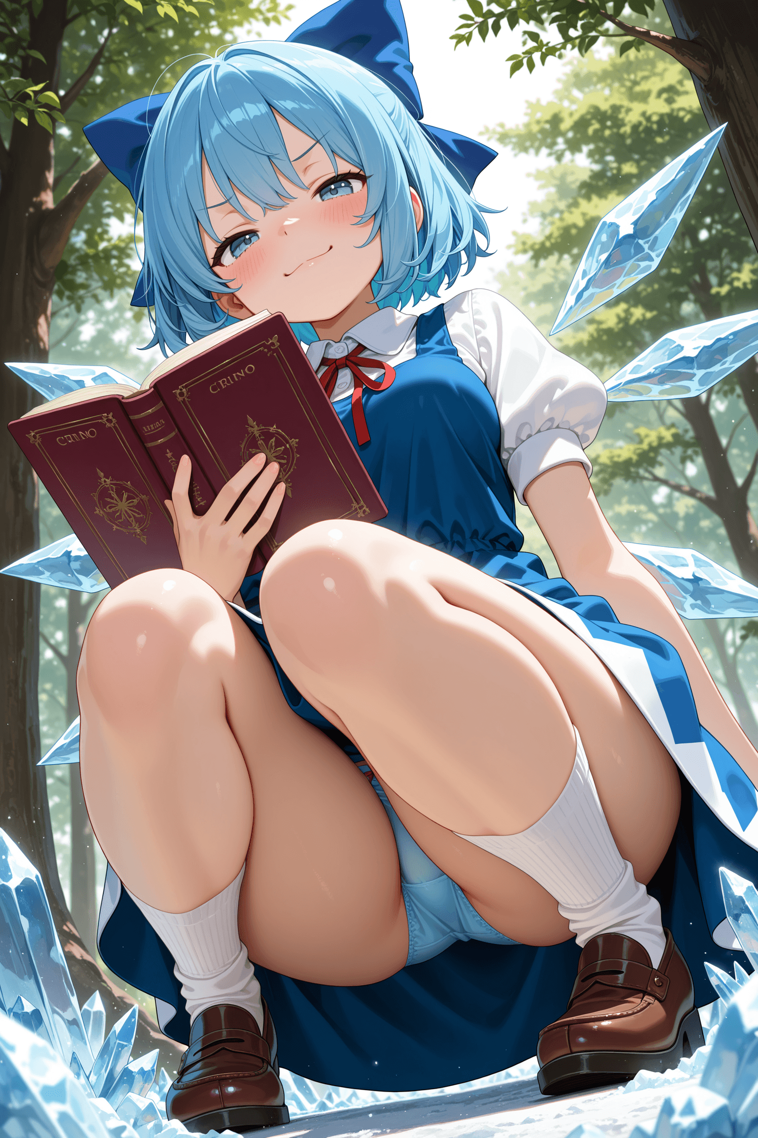 1girl, solo, breasts, looking at viewer, blush, smile, short hair, bangs, blue eyes, shirt, dress, bow, ribbon, medium breasts, closed mouth, underwear, blue hair, panties, white shirt, short sleeves, hair bow, thighs, outdoors, wings, shoes, day, socks, puffy sleeves, red ribbon, tree, puffy short sleeves, book, neck ribbon, blue dress, blue bow, brown footwear, pantyshot, from below, squatting, white socks, upskirt, ice, blue panties, smug, ice wings, cirno