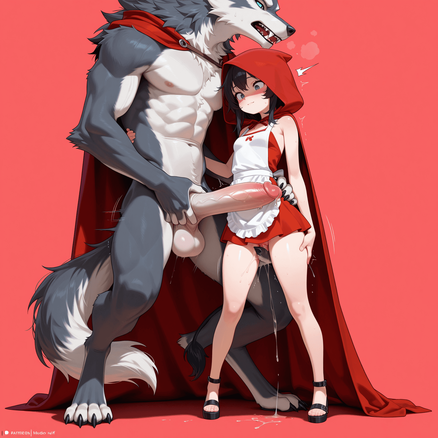 1girl, child, red_cloak, red_hood, dress, apron, small breasts, bare shoulders, anthro wolf, gray wolf, male, large body, gray fur, fangs, claws, tail, sex, penetration, intercrural sex, large penis, hand on waist, hand on thigh, holding, torso, thighs, penis, full body, front view, simple background