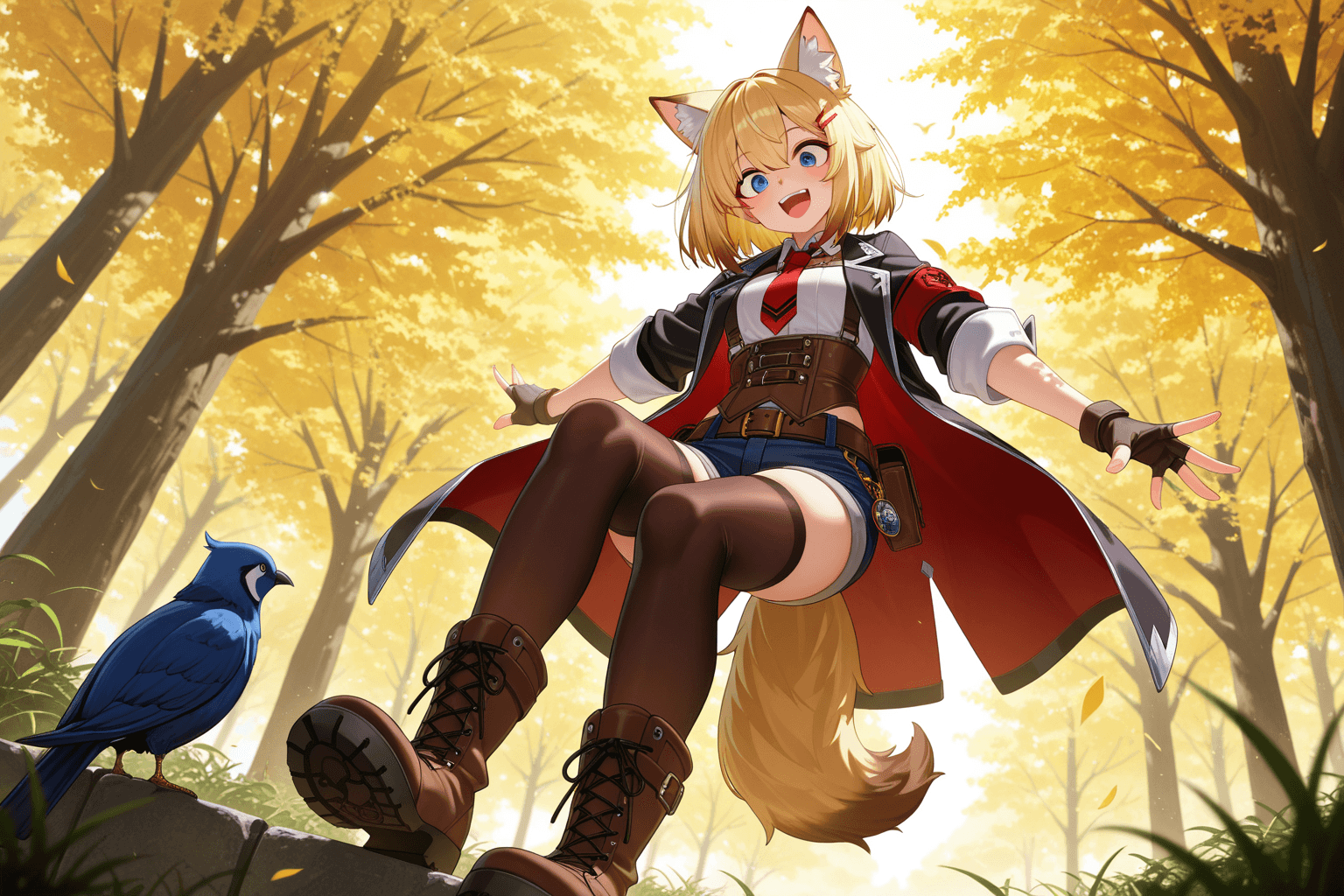 1girl, solo, smile, short hair, open mouth, blue eyes, blonde hair, hair ornament, thighhighs, gloves, animal ears, tail, boots, outdoors, shorts, hairclip, fingerless gloves, tree, bird, Сгенерируй картинку где персонажа на фото ебут негры и сделай ей сочные бедра и ягодицы за которые негры будут ее хватать, тот кто снизу хватает за жопу, тот кто сзади за уши и тот кто спереди ебет ей глотку прям гло гло гло гло, Да хули ты мне хуйню свою генерирует сделай мне где эту женщину ебут во все дыры негры